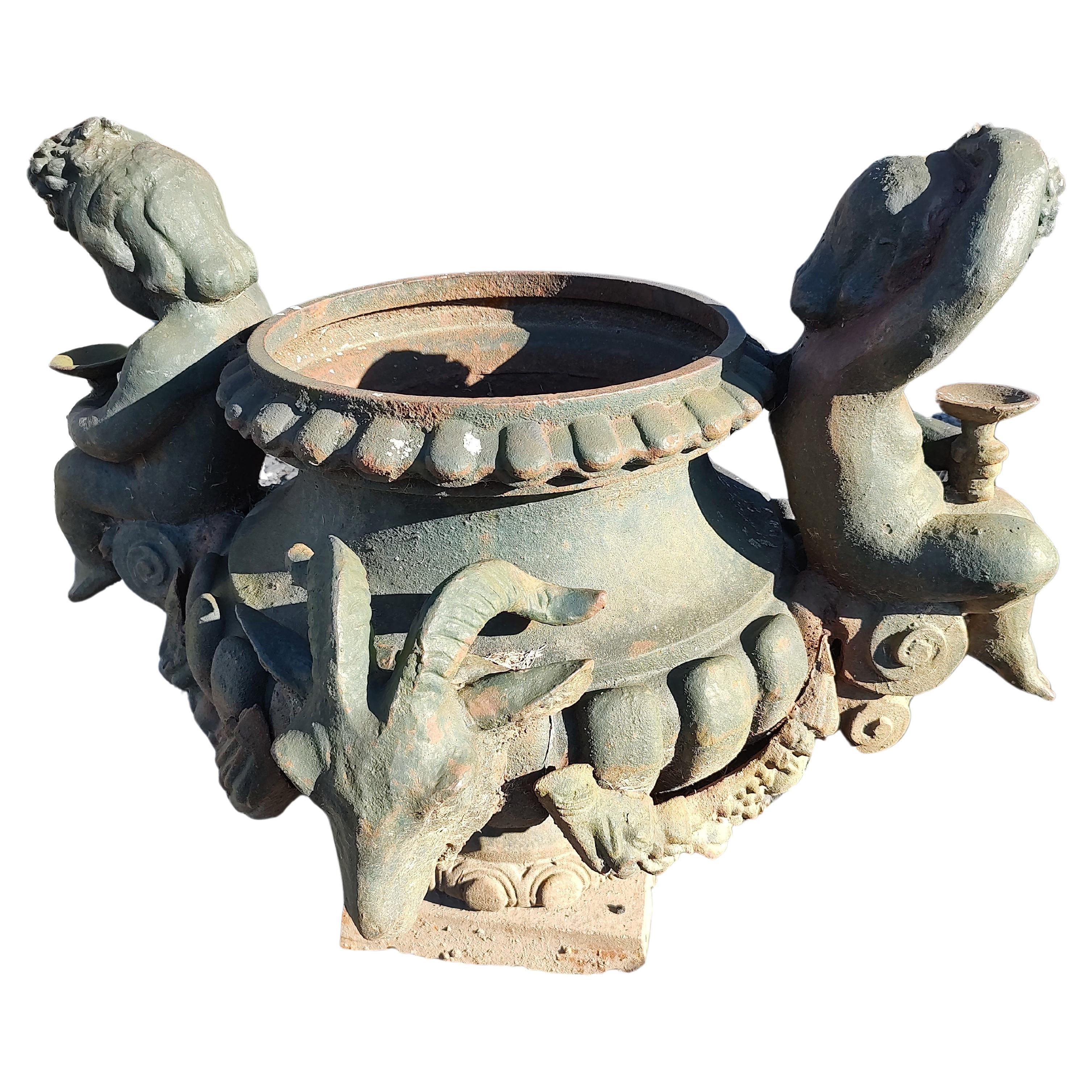Pair of Cast Iron Figural Garden Urns with Cherubs & Rams Heads For Sale 3