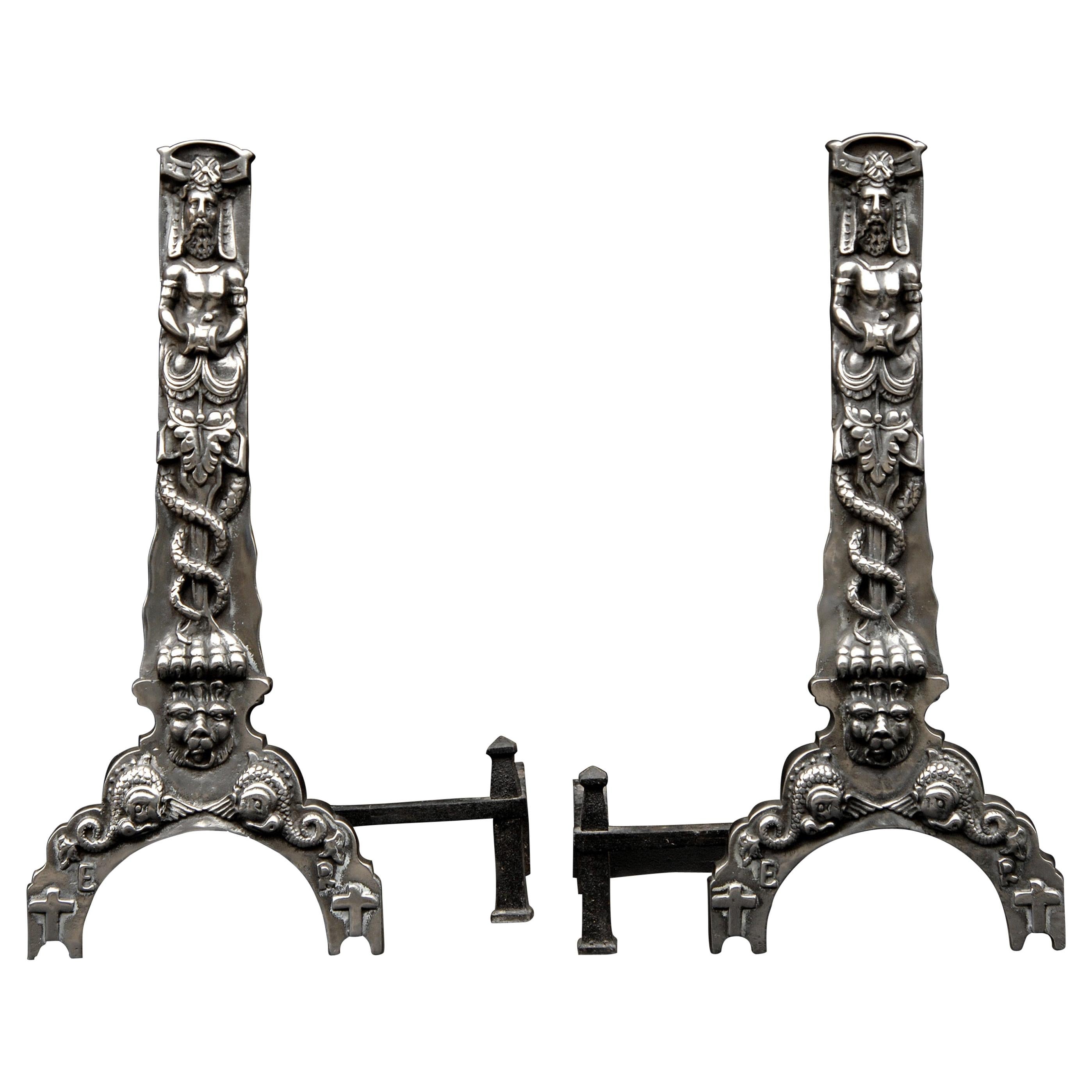 Pair of Cast Iron Firedogs in the Baroque Style For Sale