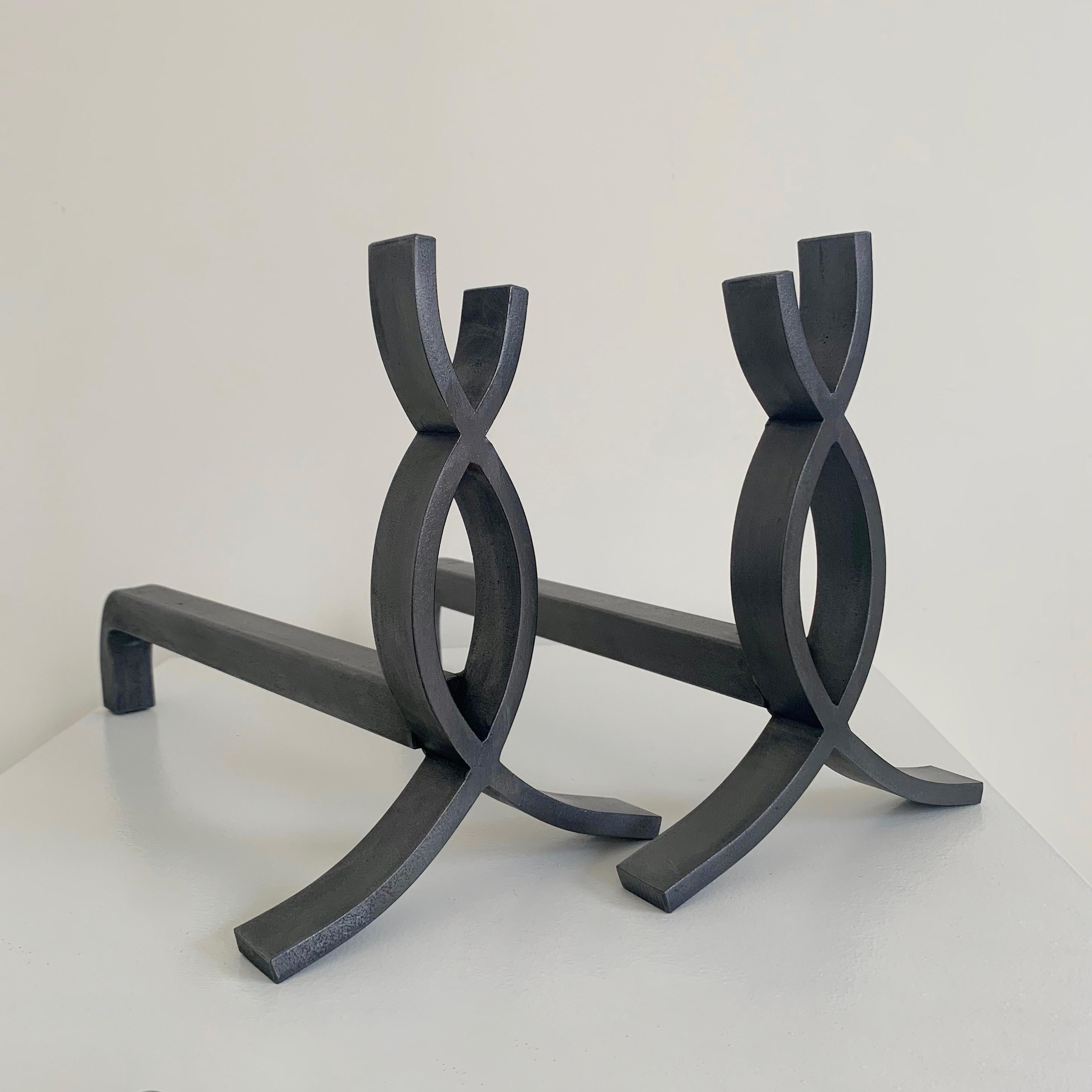 Pair of  Cast Iron Flame Andirons , circa 1950, France. For Sale 8