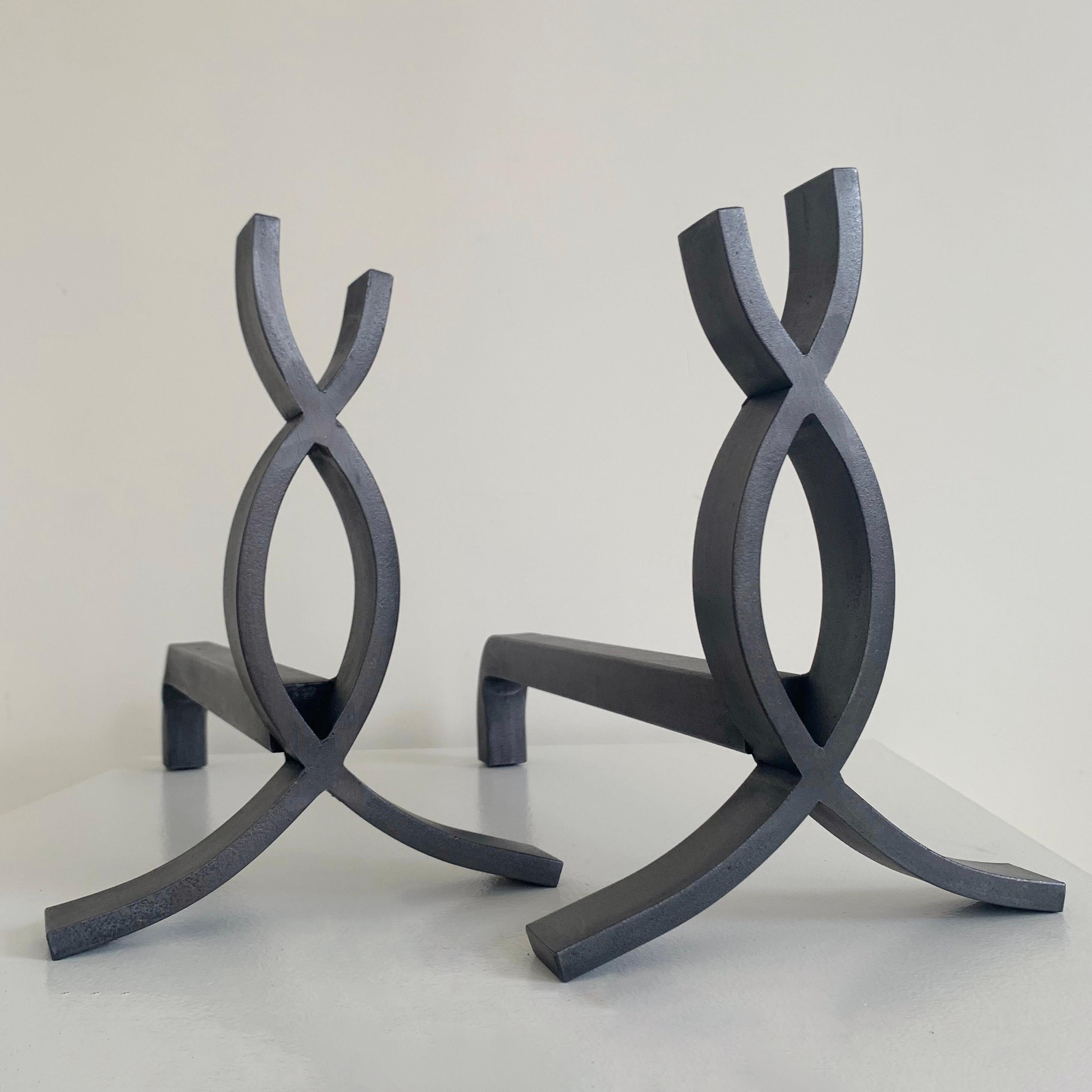 Pair of  Cast Iron Flame Andirons , circa 1950, France. In Good Condition For Sale In Brussels, BE