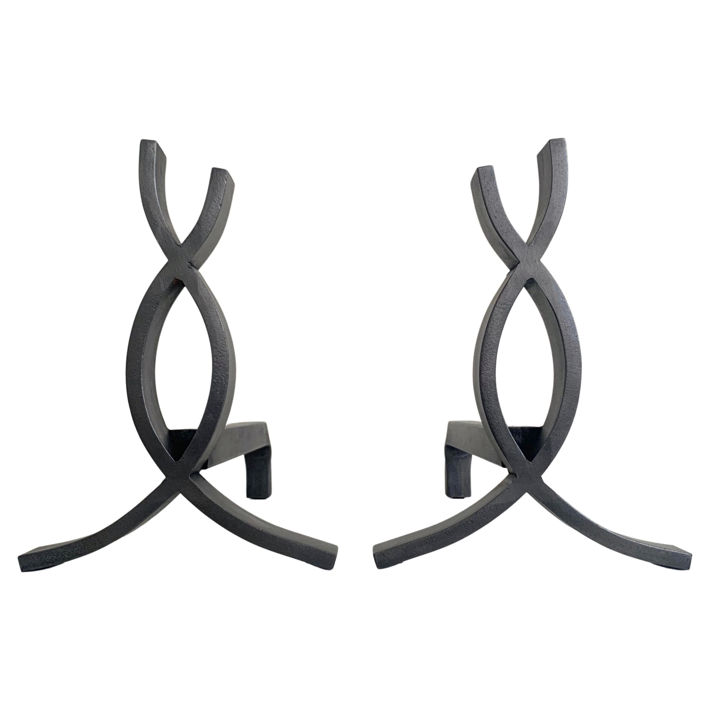 Pair of  Cast Iron Flame Andirons , circa 1950, France.