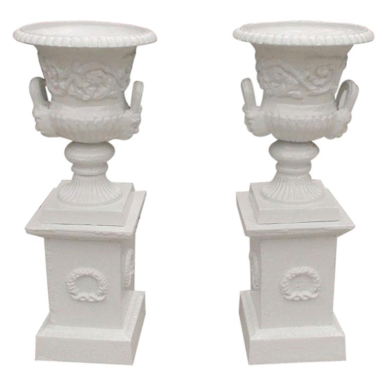 Pair of Cast Iron Floral Campana Garden Urns on Squared Plinths, Circa 1890