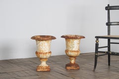 Pair of Cast Iron Garden Urn Planters with Weathered Patina