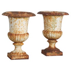 Pair of Cast Iron Garden Urn Planters with Weathered Patina