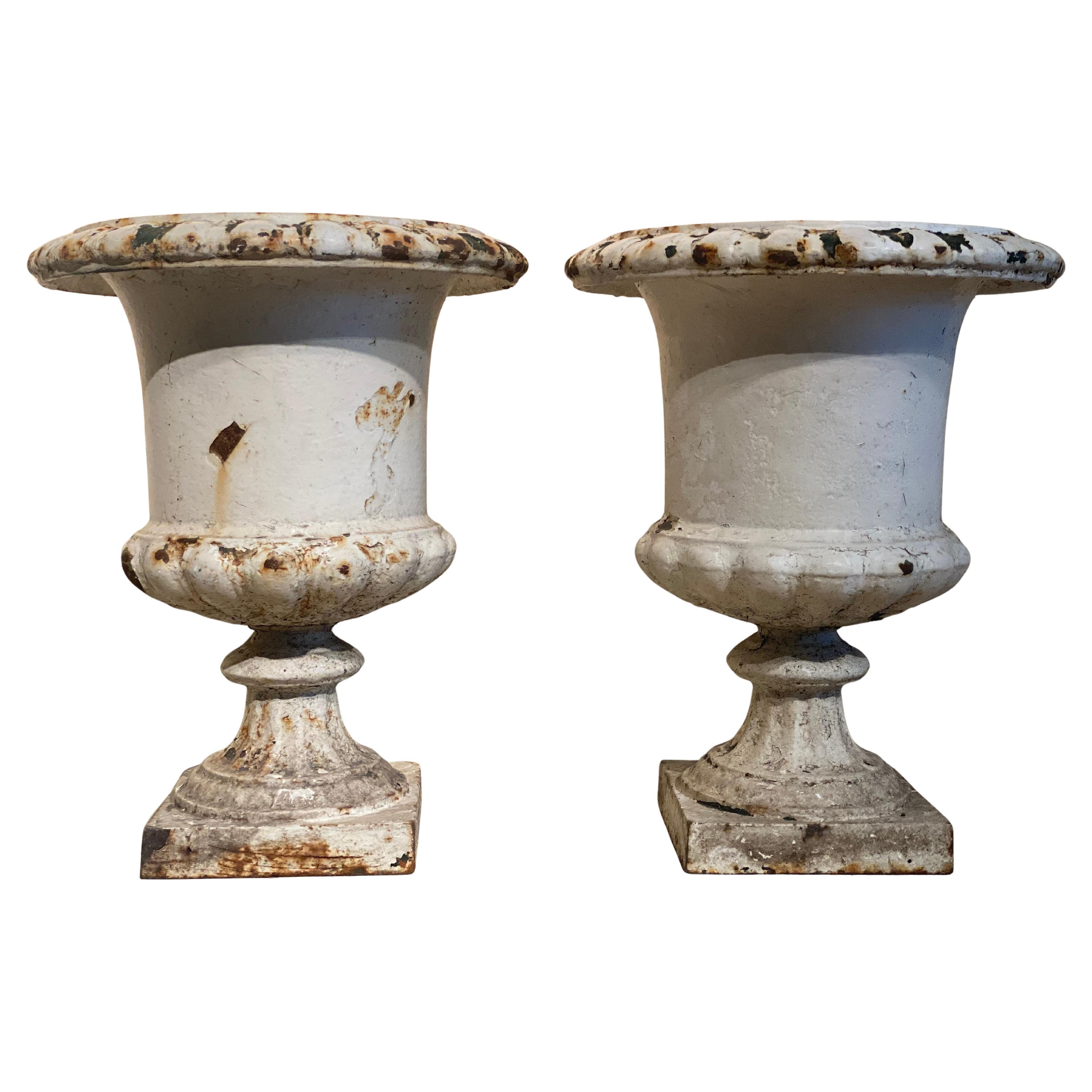 Pair of Cast Iron Garden Urns For Sale