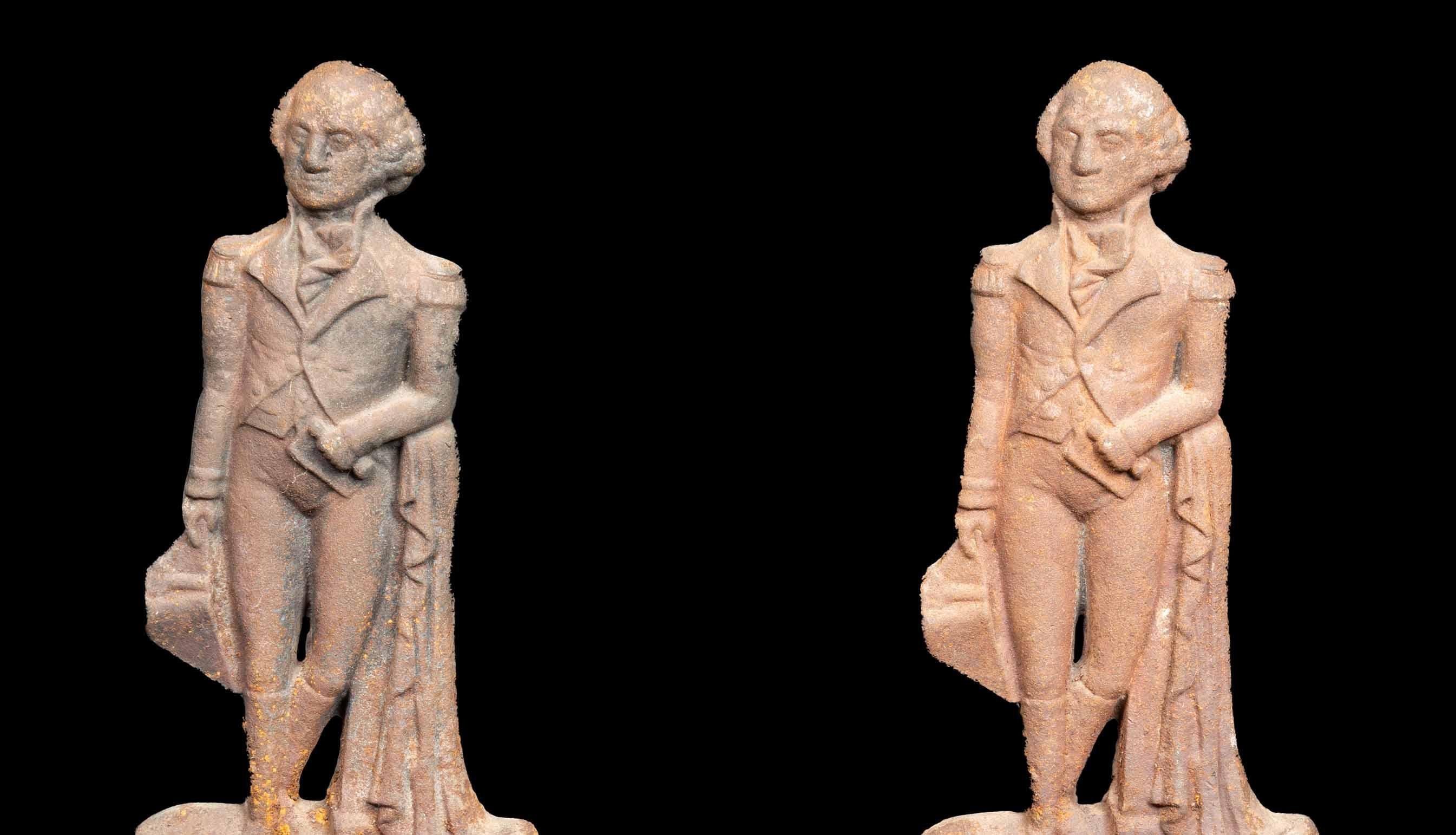 Paar gusseiserne figurale George-Washington-Andirons (amerikanisch) im Angebot