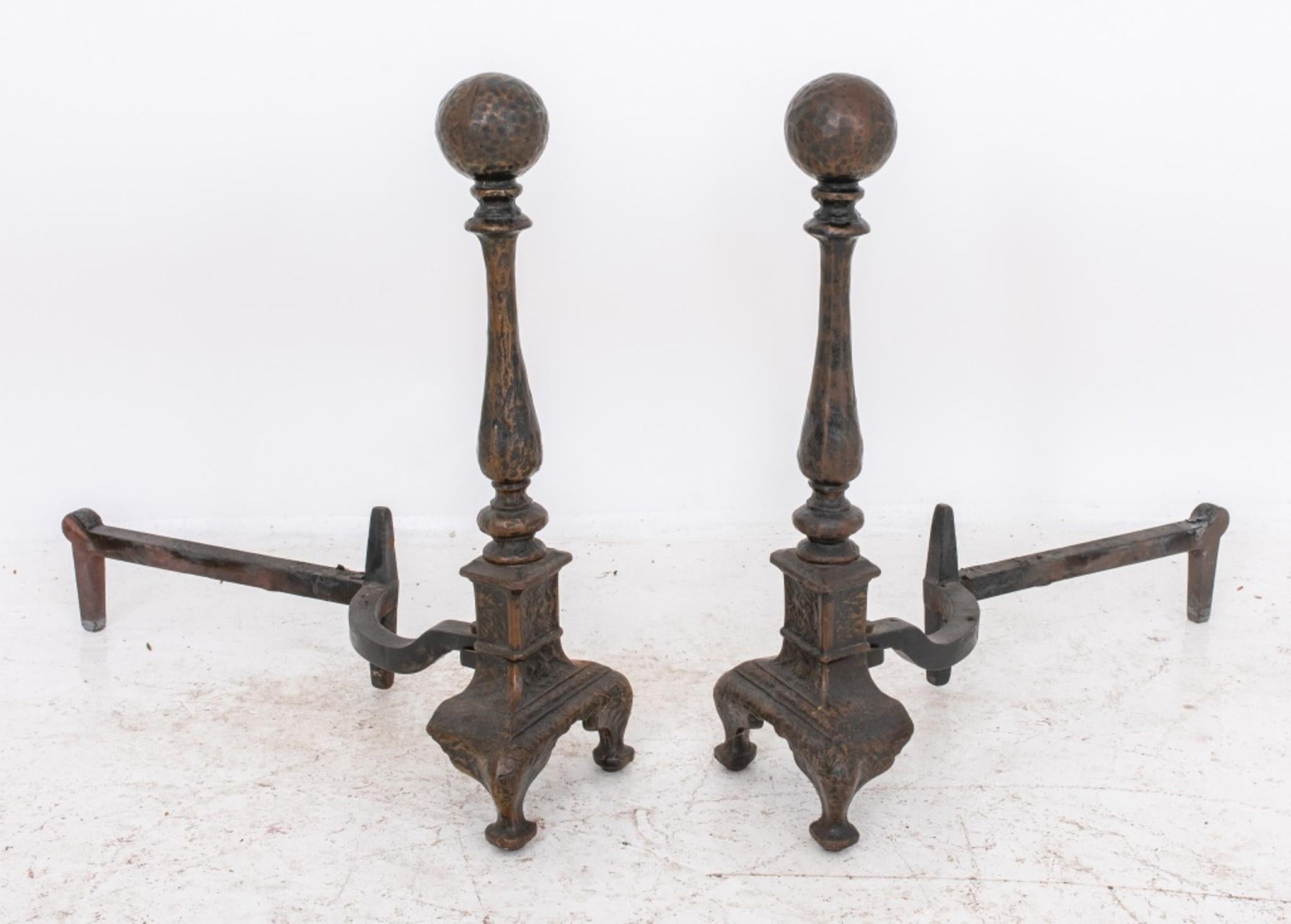 20th Century Pair of Cast Iron & Hammered Brass Andirons For Sale