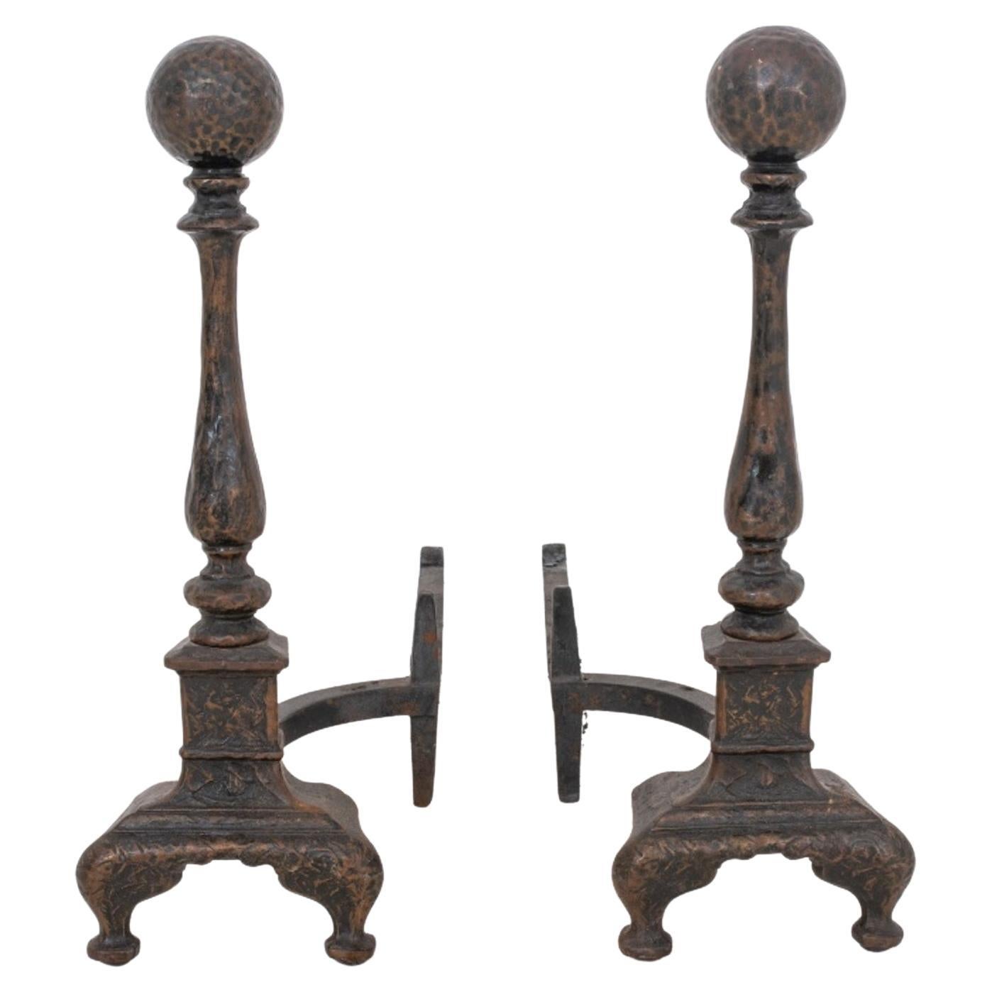 Pair of Cast Iron & Hammered Brass Andirons For Sale