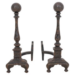 Pair of Cast Iron & Hammered Brass Andirons