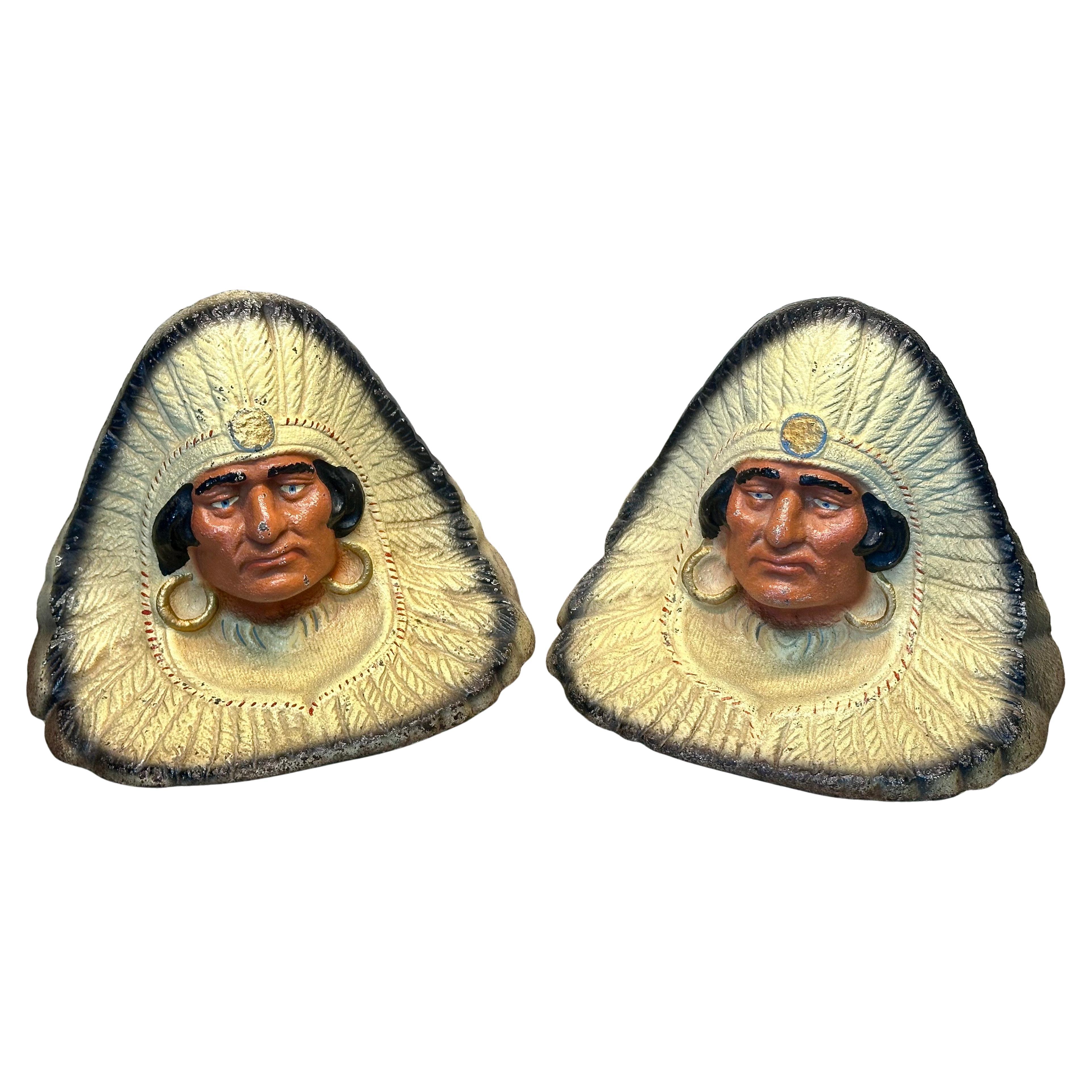 Pair of Cast Iron "Indian with Earrings" Bookends, Attributed to Littlestown