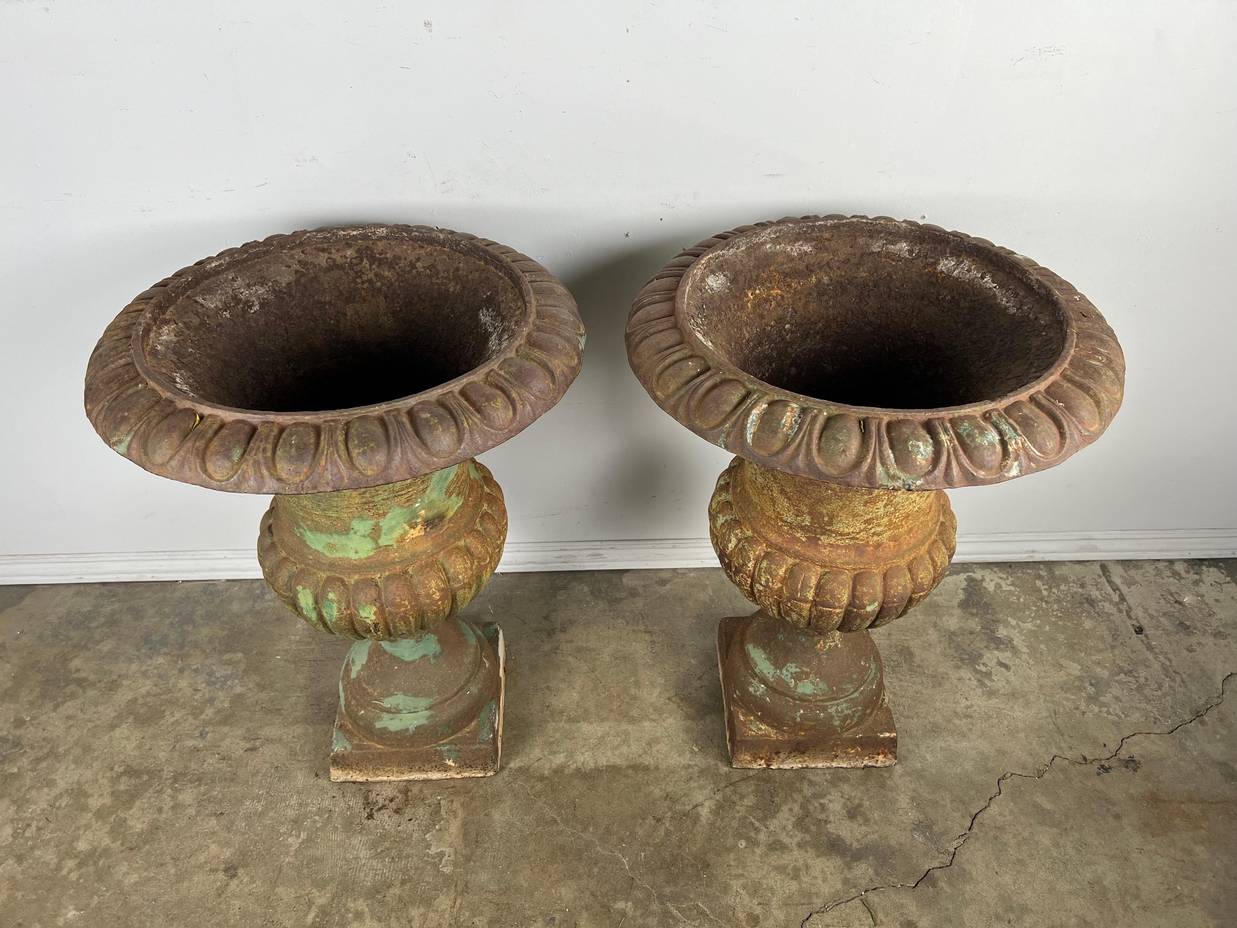 Pair of Cast Iron Italian Urns In Distressed Condition For Sale In Los Angeles, CA