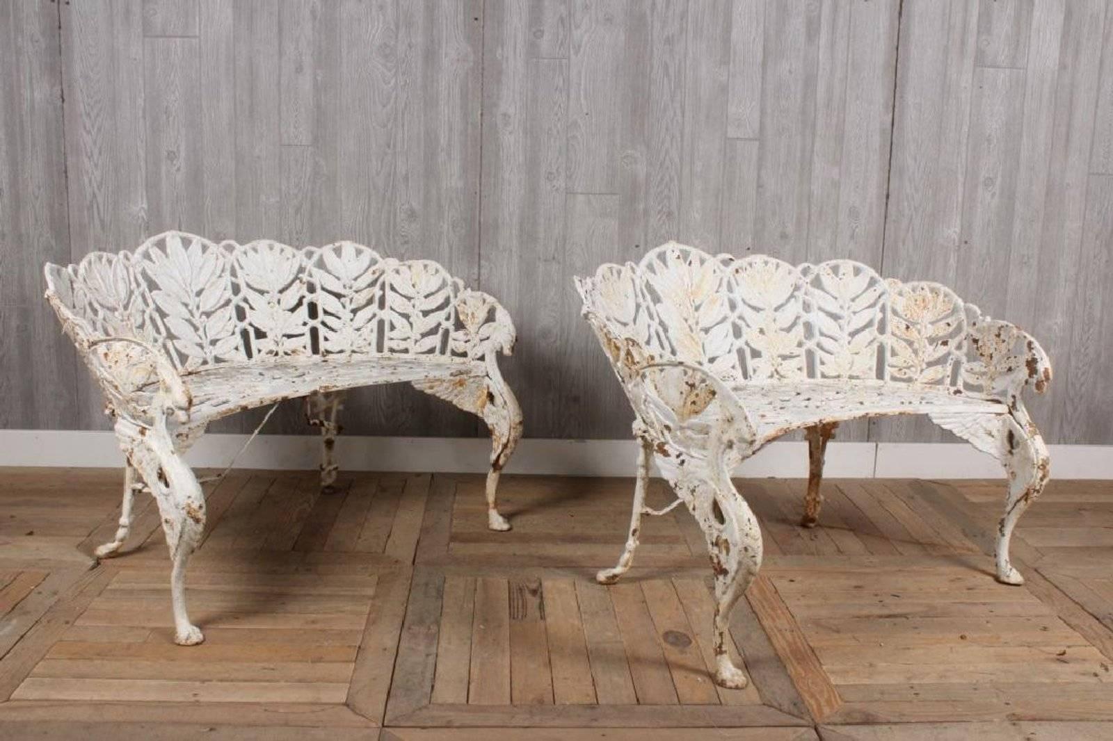 20th Century Pair of Cast Iron Laurel Pattern Garden Benches with Griffin Cabriole Legs For Sale