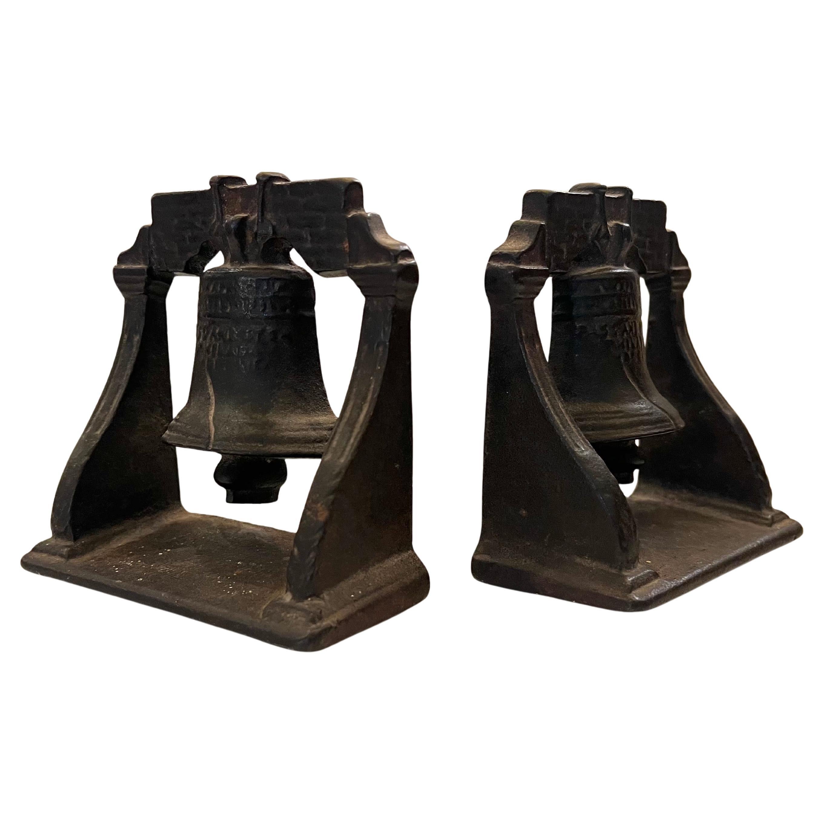 American Colonial Pair of Cast Iron Liberty Bell Bookends For Sale