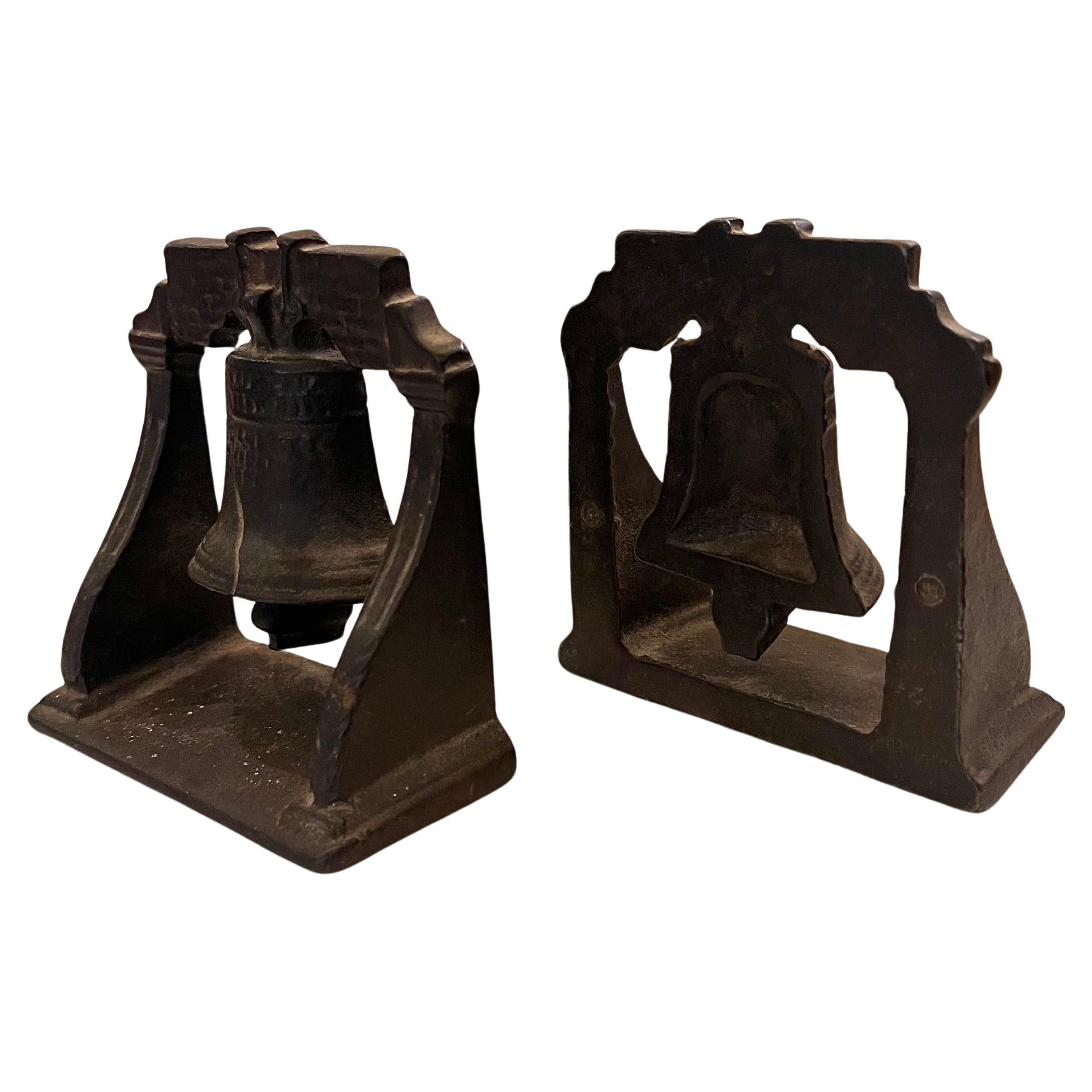 American Pair of Cast Iron Liberty Bell Bookends For Sale