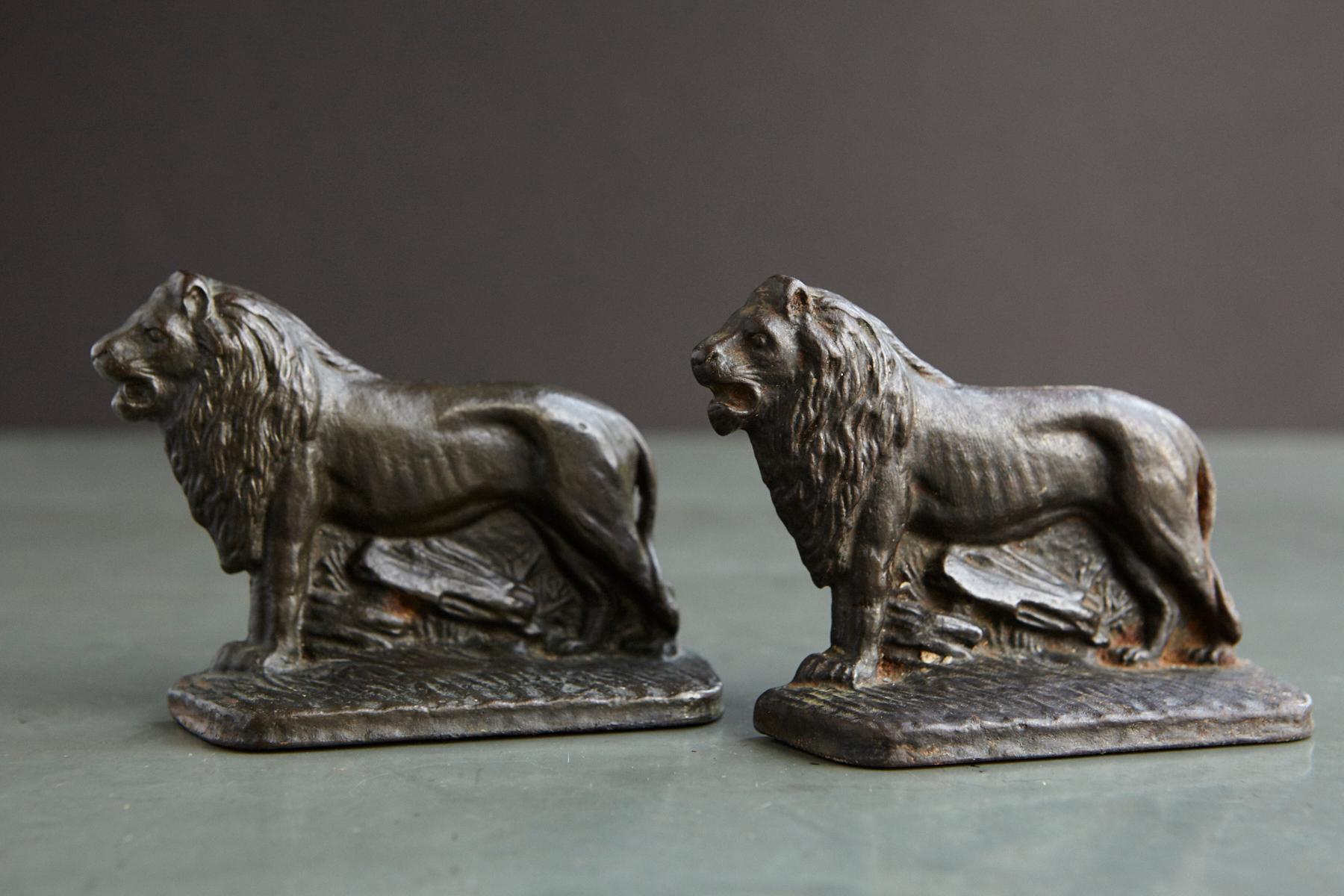 Lovely pair of very detailed cast iron lion bookends with fantastic patina, circa 1920s.
