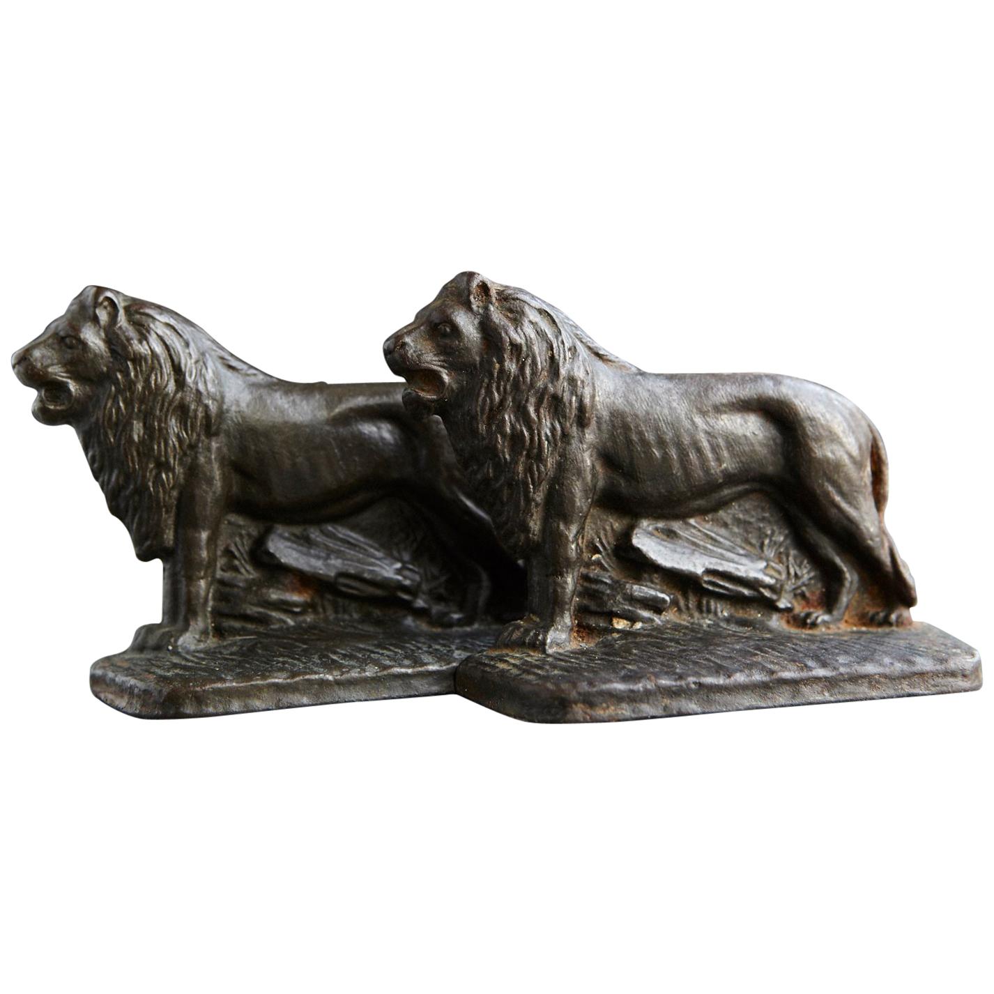 Pair of Cast Iron Lions Bookends, circa 1920s
