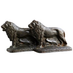 Antique Pair of Cast Iron Lions Bookends, circa 1920s