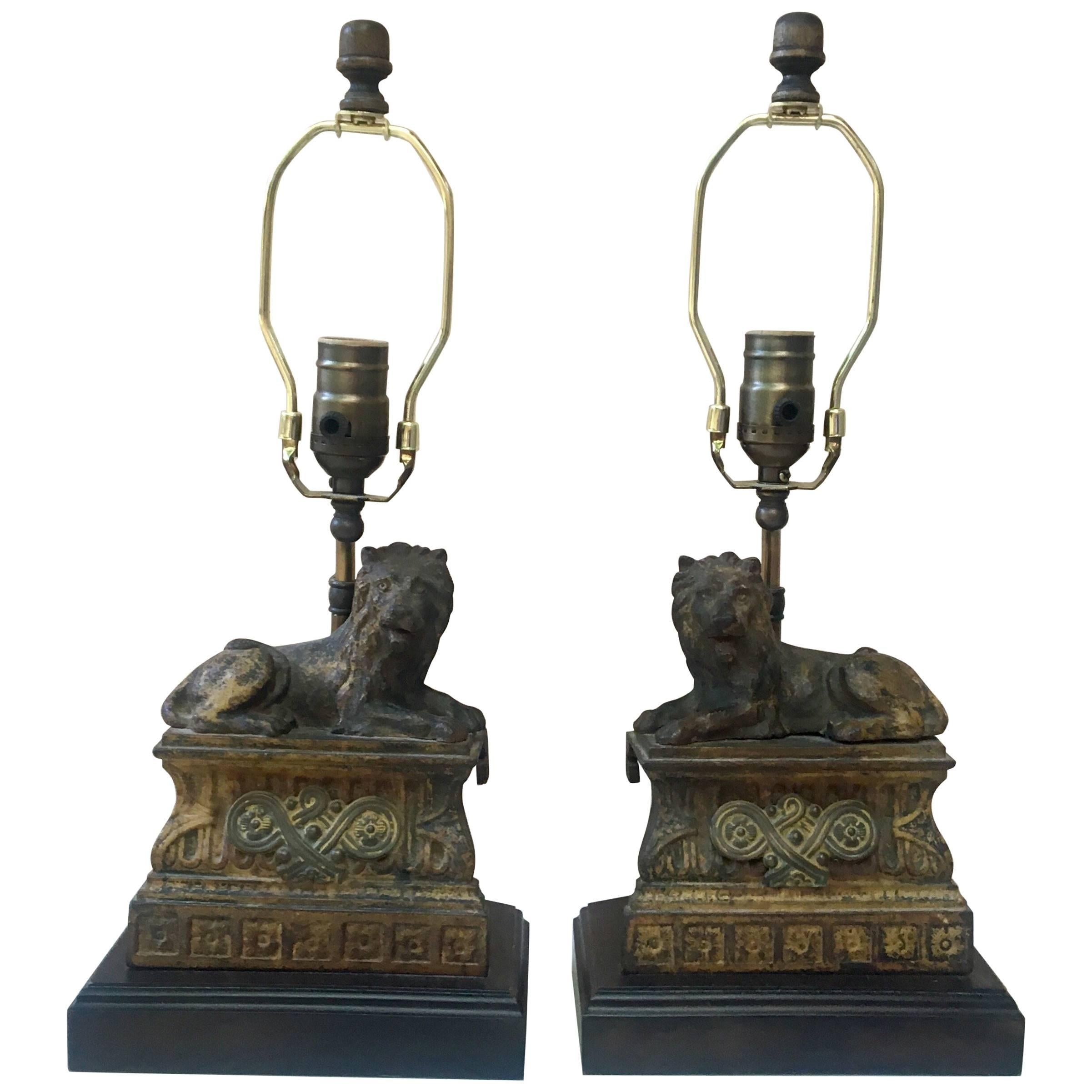 Pair of Cast Iron Lions Lamps, circa 1880