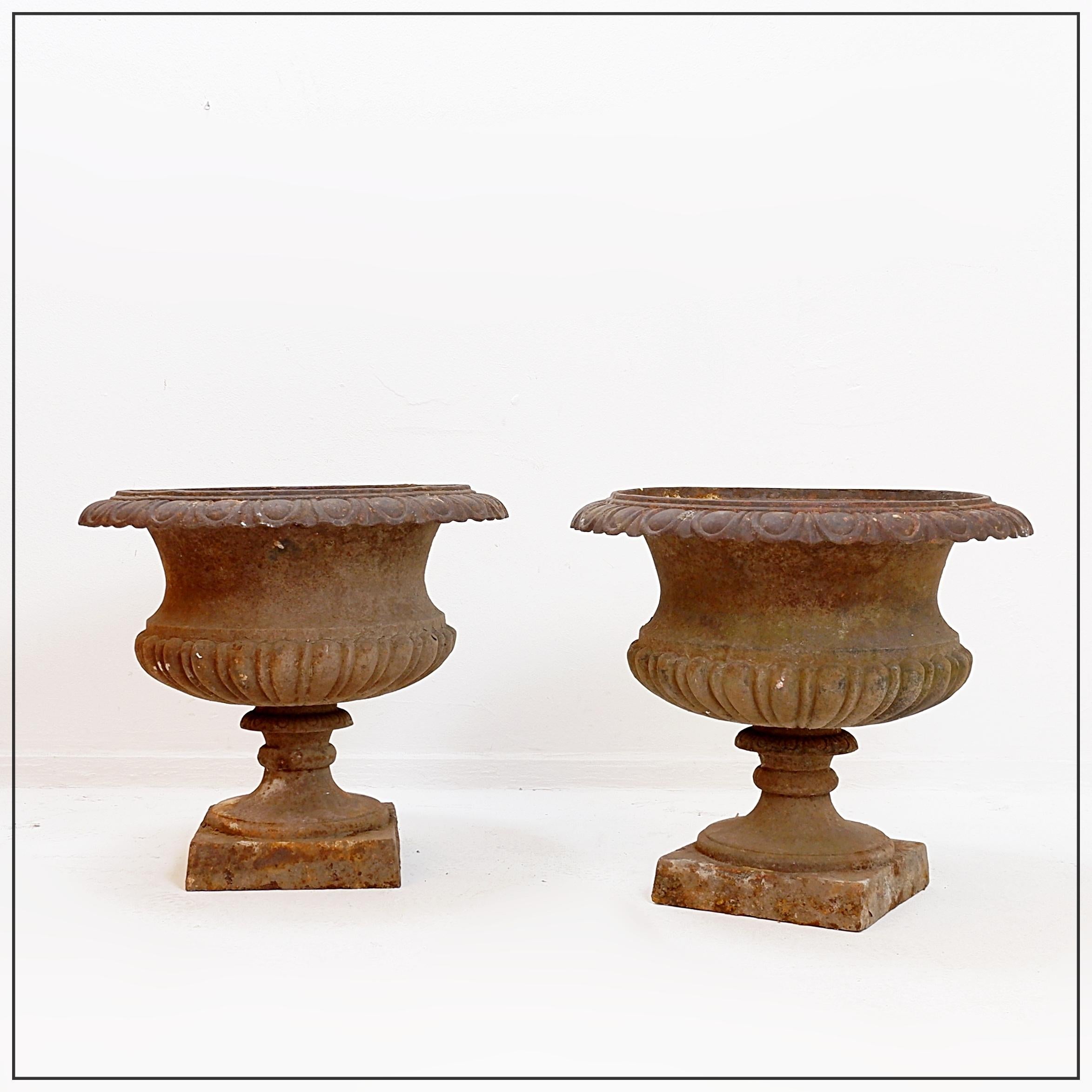 Décoration de jardin - Jardinières anciennes
Mesures : Ø 50cm H:45cm
Matière : Fonte 
Cette paire de vases Médicis en fonte, datant de la fin du XIXe siècle et du début du XXe siècle, présente un design classique et discret. Leur décoration simple