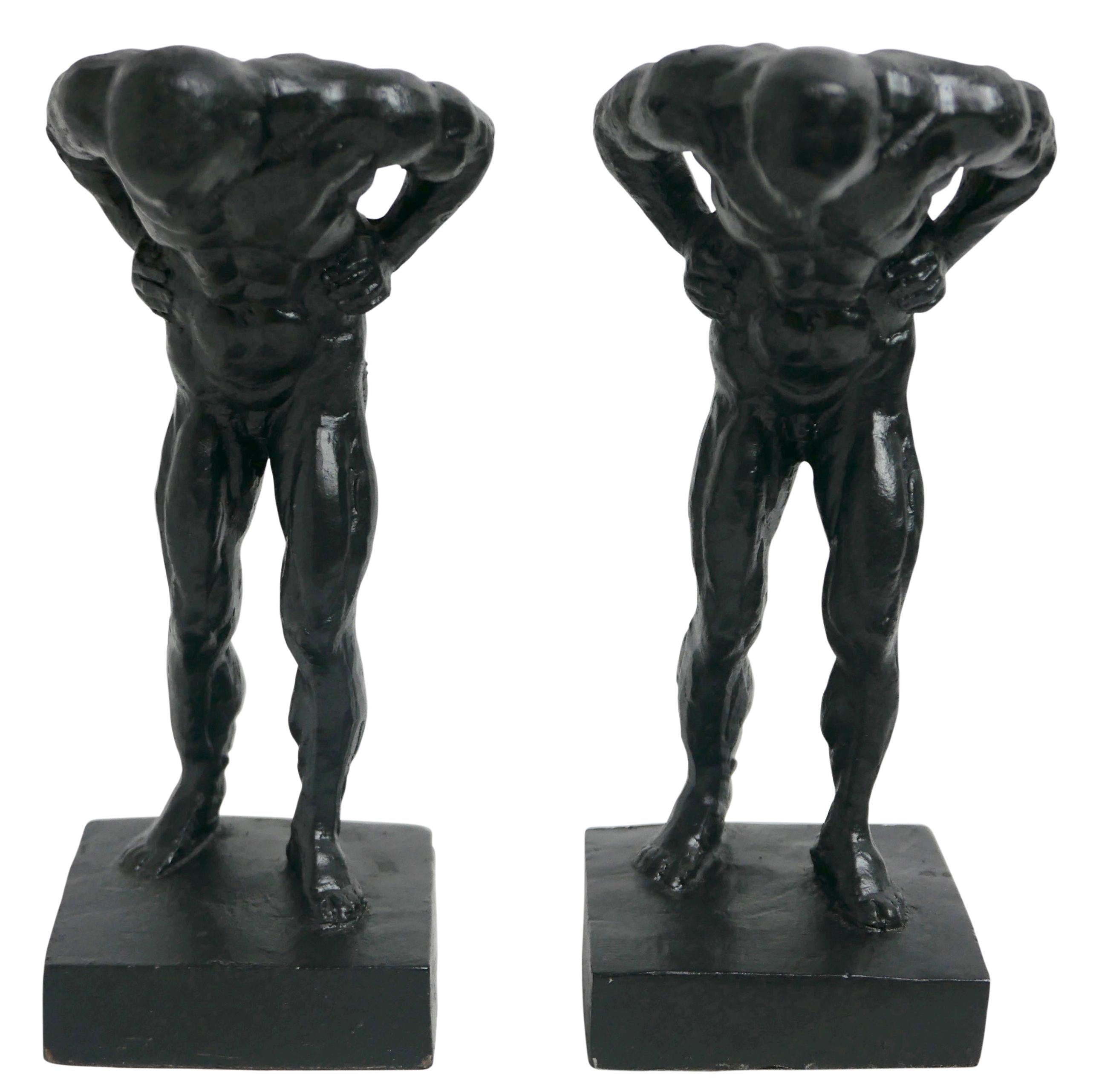 20th Century Pair of Cast Iron Muscular Male Figural Bookends