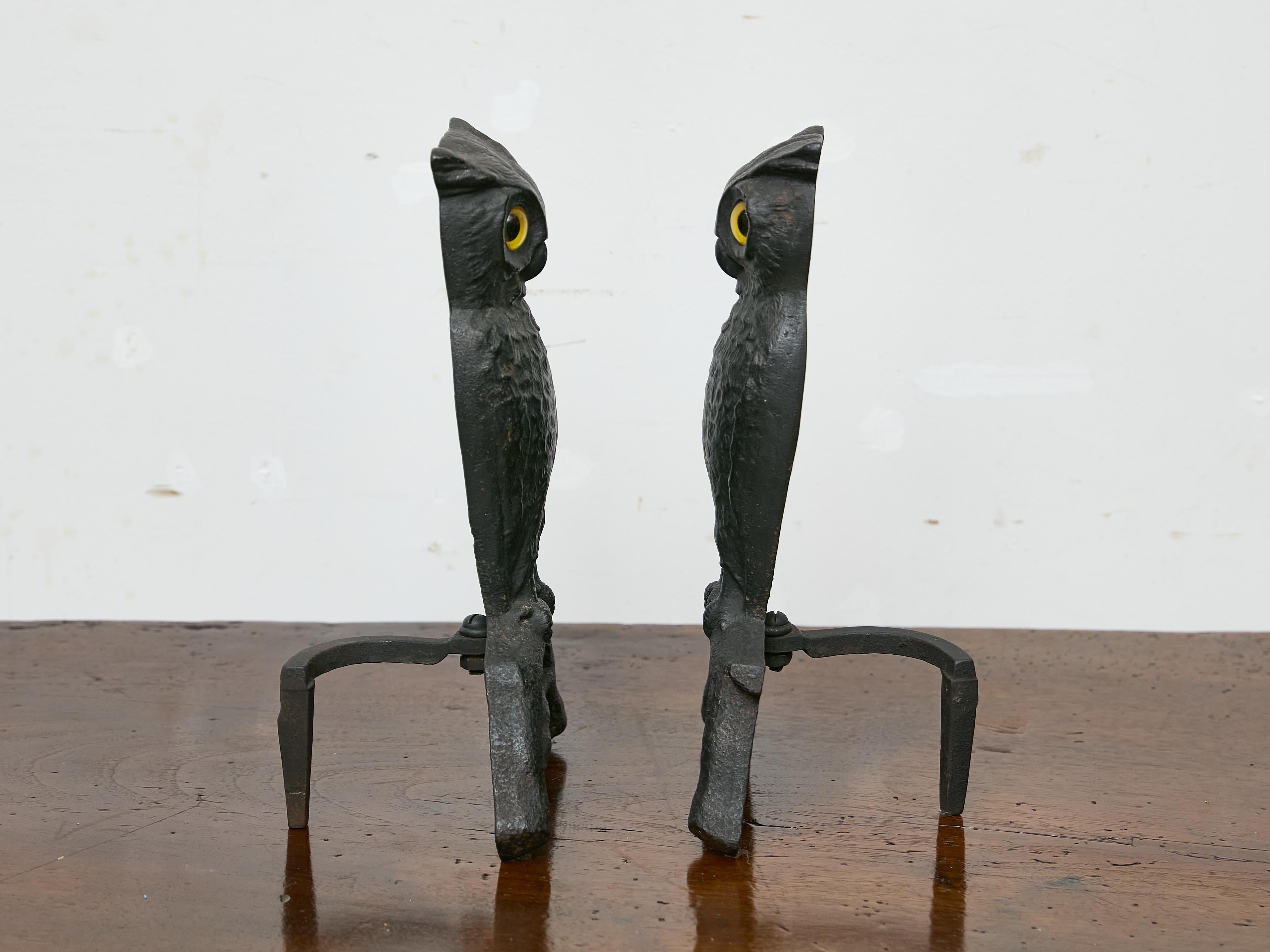 Pair of Cast Iron Owl Andirons with Glass Eyes, American circa 1900 In Good Condition In Atlanta, GA