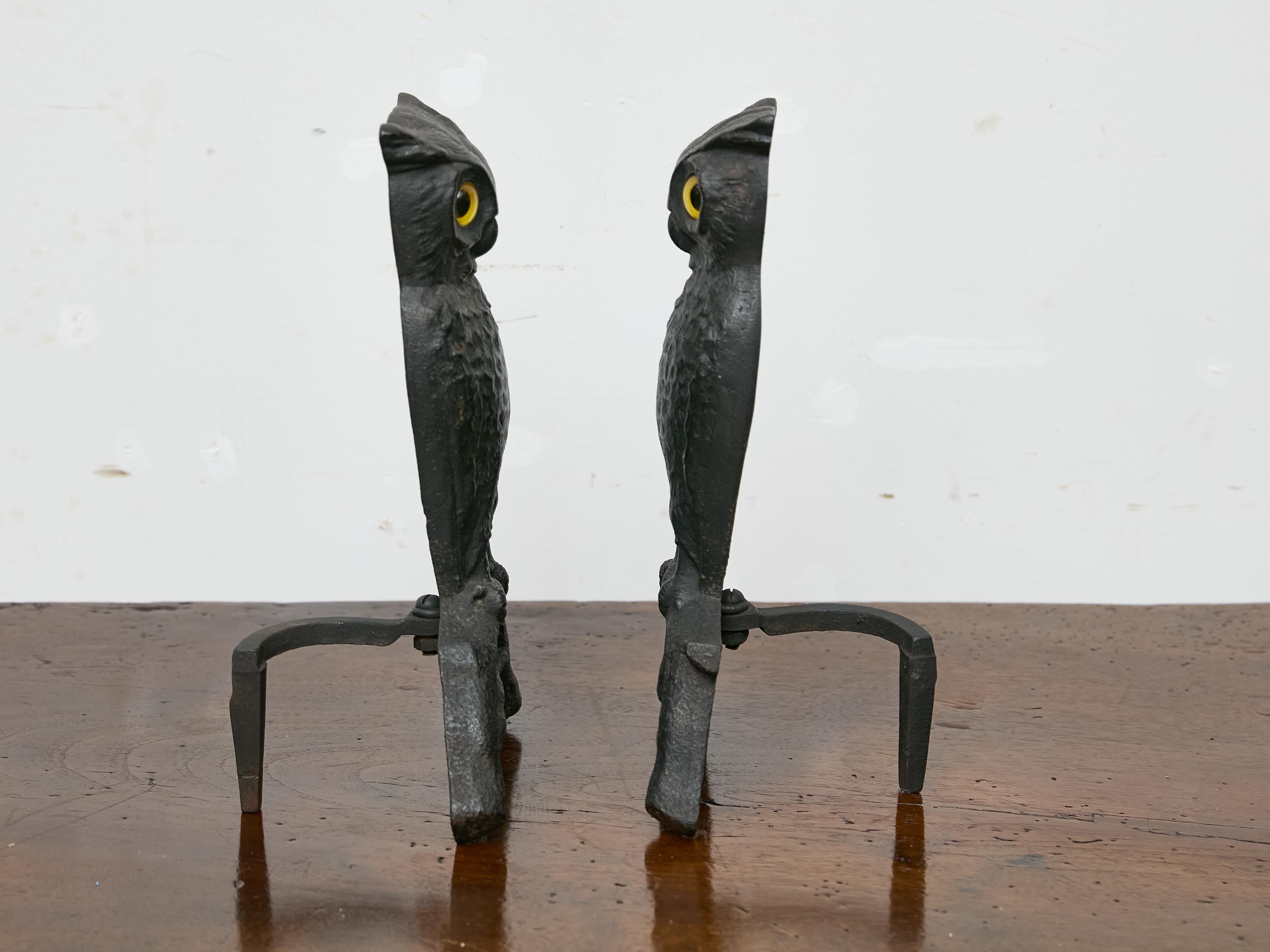 20th Century Pair of Cast Iron Owl Andirons with Glass Eyes, American circa 1900