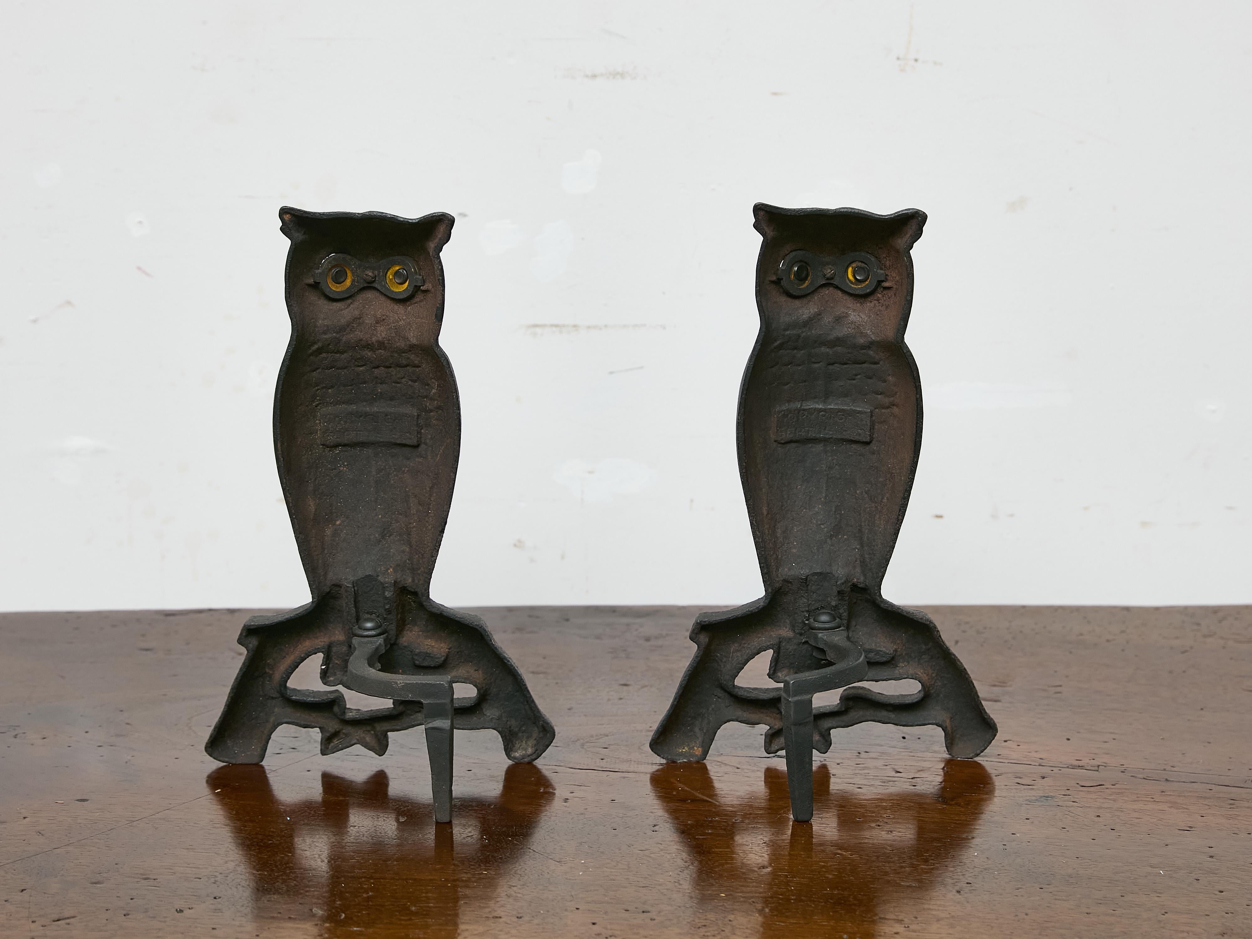 Pair of Cast Iron Owl Andirons with Glass Eyes, American circa 1900 1