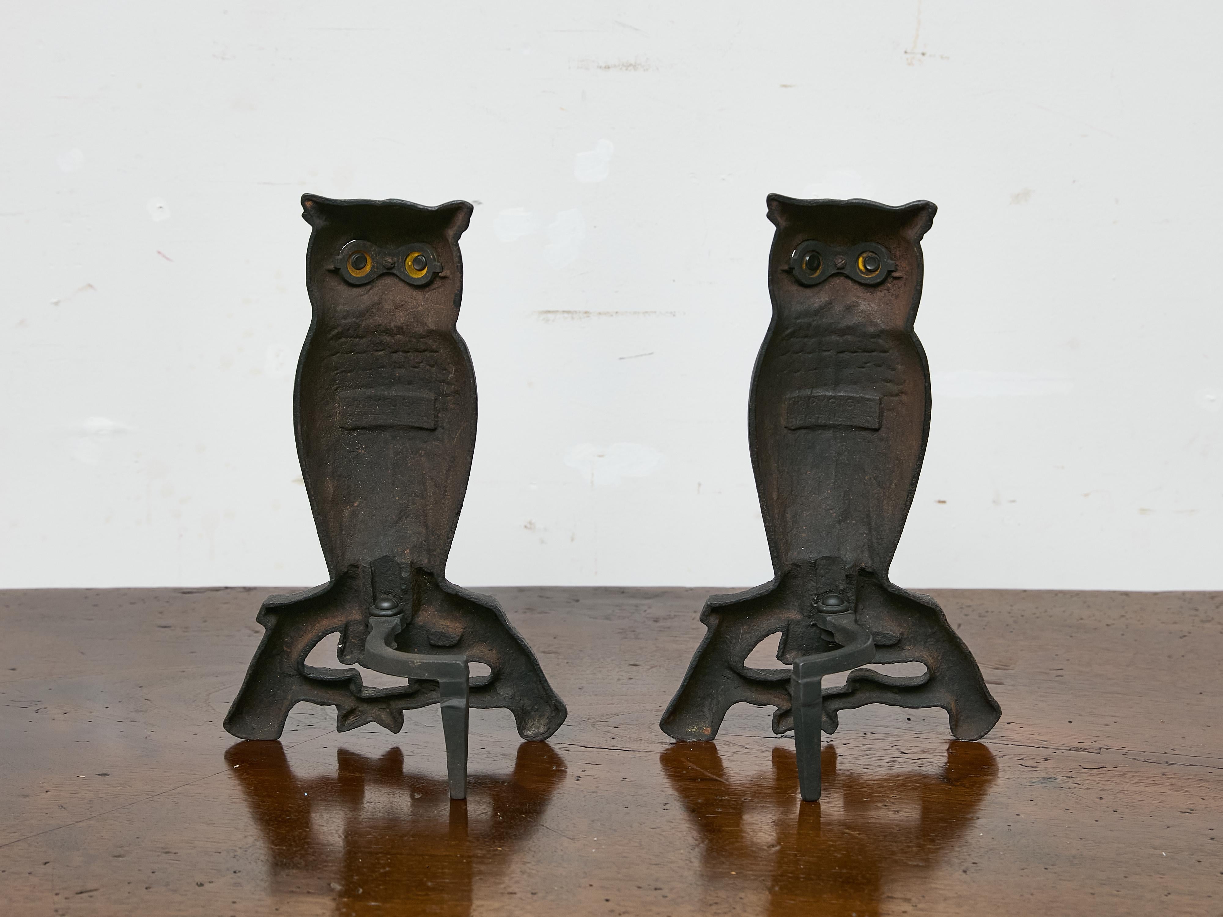 Pair of Cast Iron Owl Andirons with Glass Eyes, American circa 1900 2