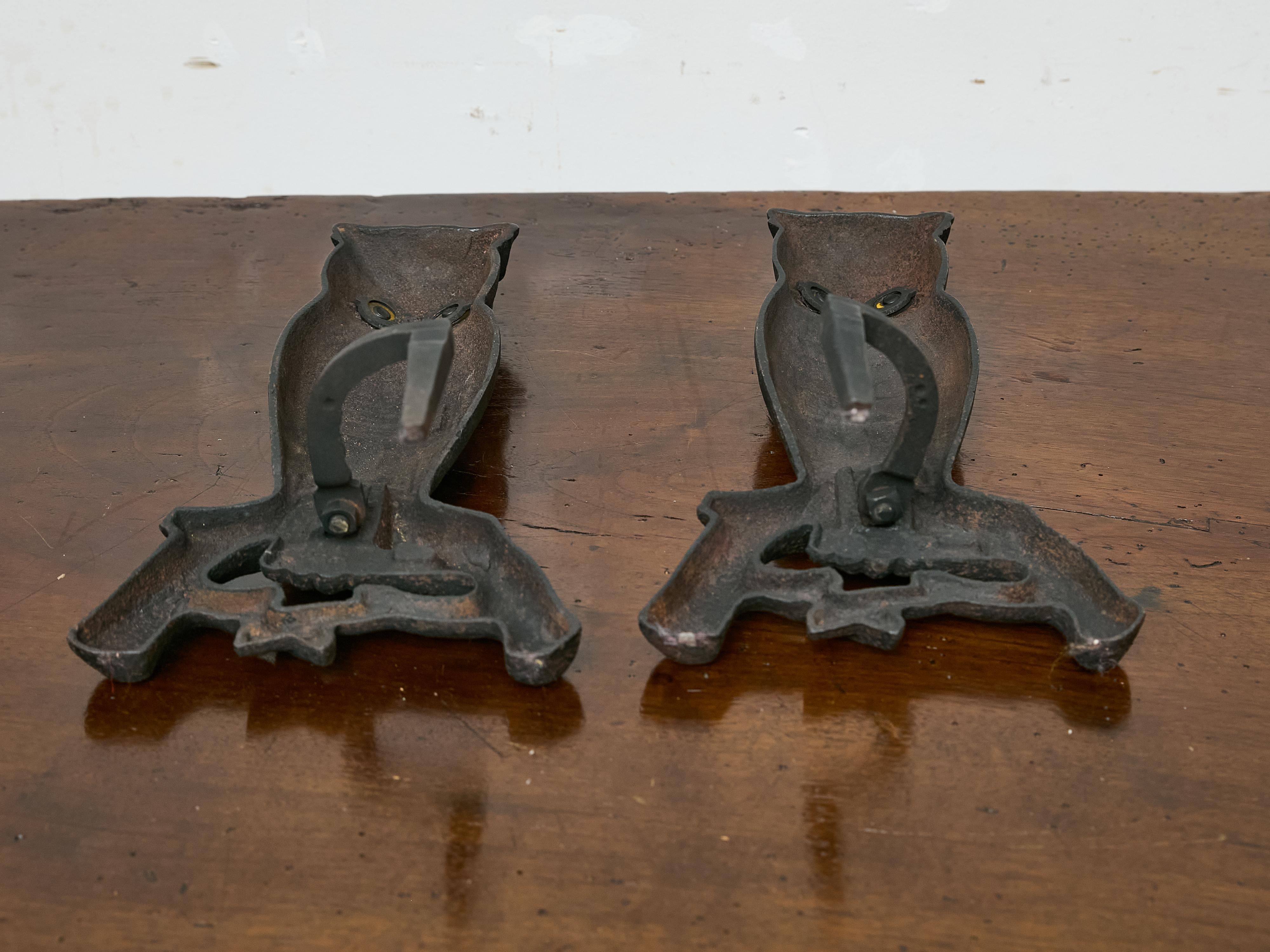 Pair of Cast Iron Owl Andirons with Glass Eyes, American circa 1900 3