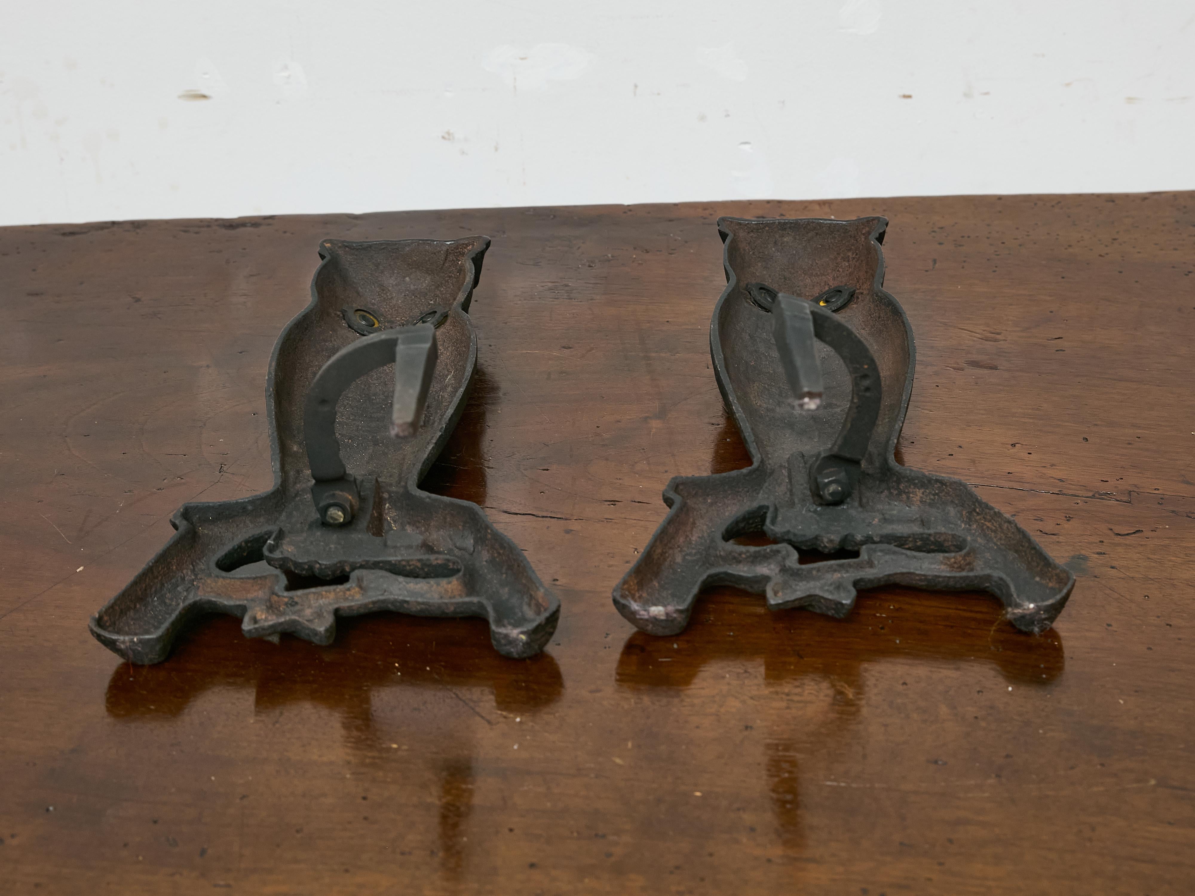 Pair of Cast Iron Owl Andirons with Glass Eyes, American circa 1900 4