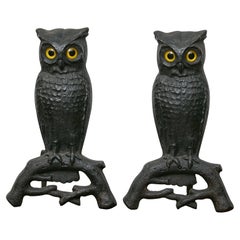 Antique Pair of Cast Iron Owl Andirons with Glass Eyes, American circa 1900