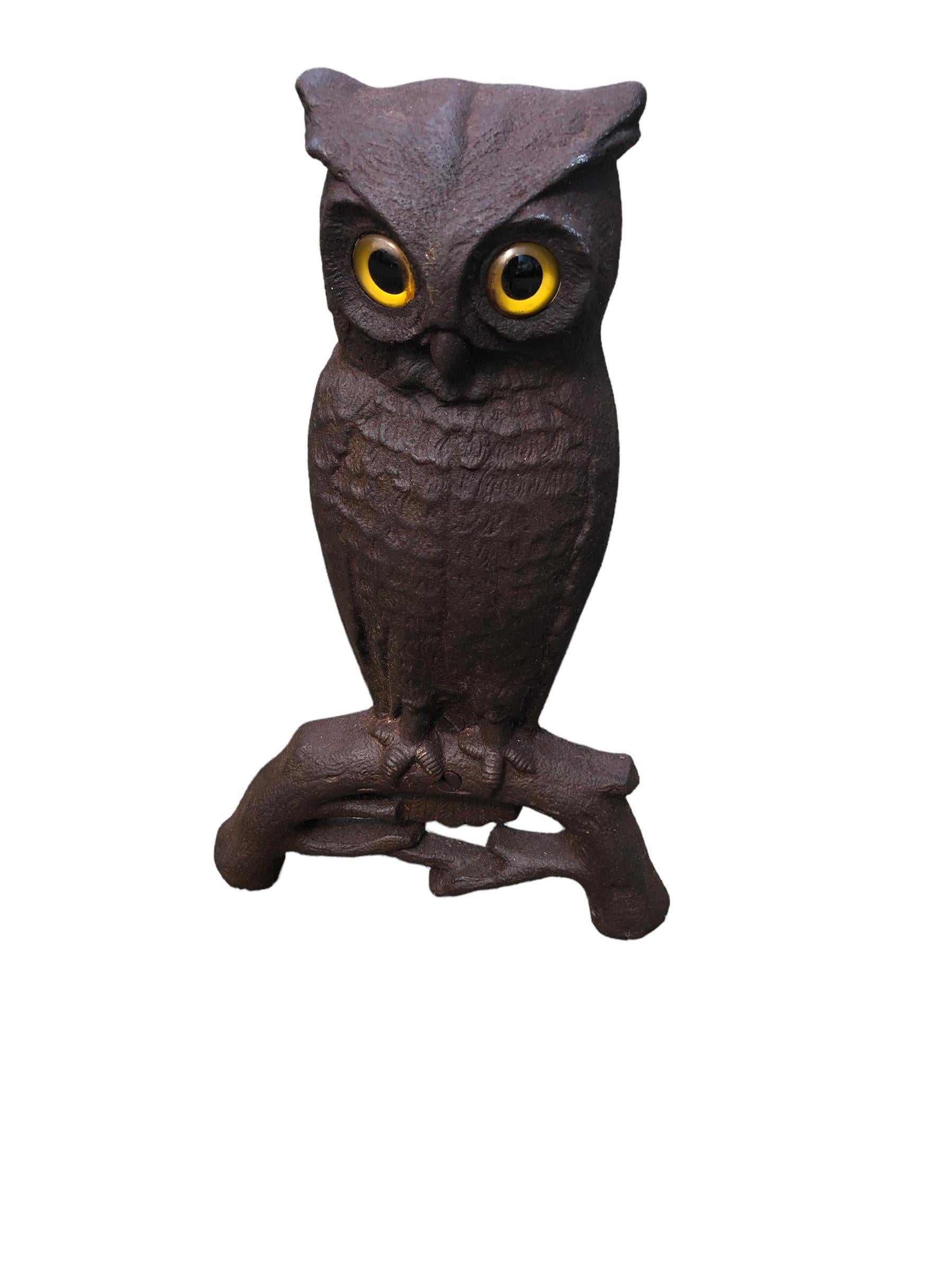 Pair of Arts and Craft Cast Iron Owl Andirons with Original Glass Eyes.