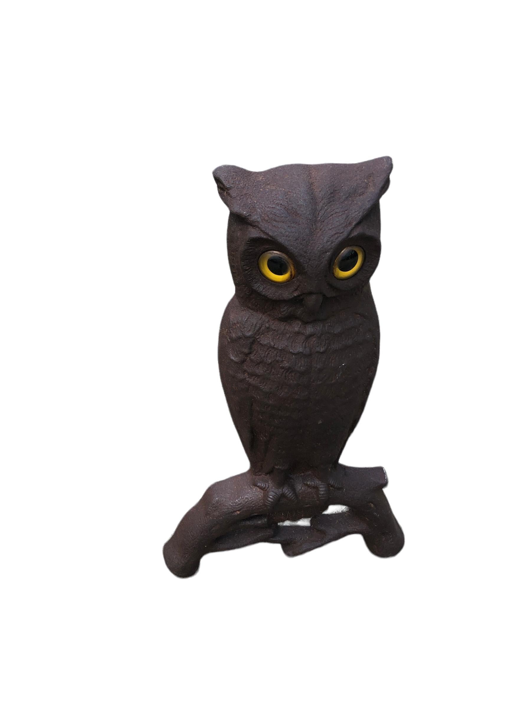 American Pair of Cast Iron Owl Andirons with Glass Eyes For Sale