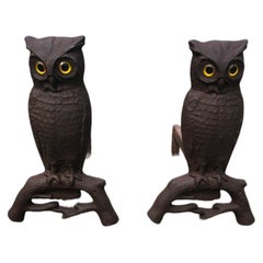 Antique Pair of Cast Iron Owl Andirons with Glass Eyes