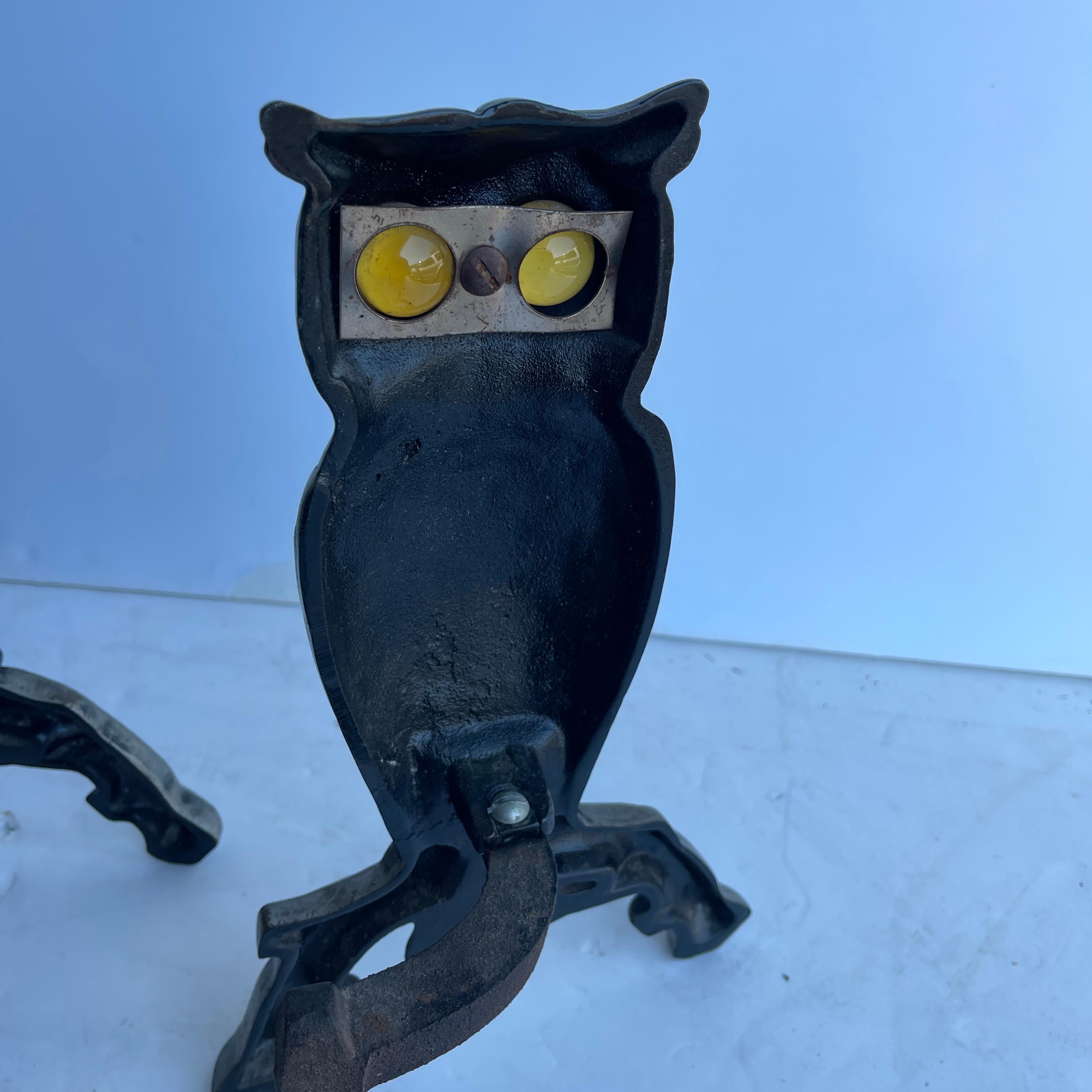 Pair of Cast Iron Owl Fireplace Andirons with Glass Eyes 1