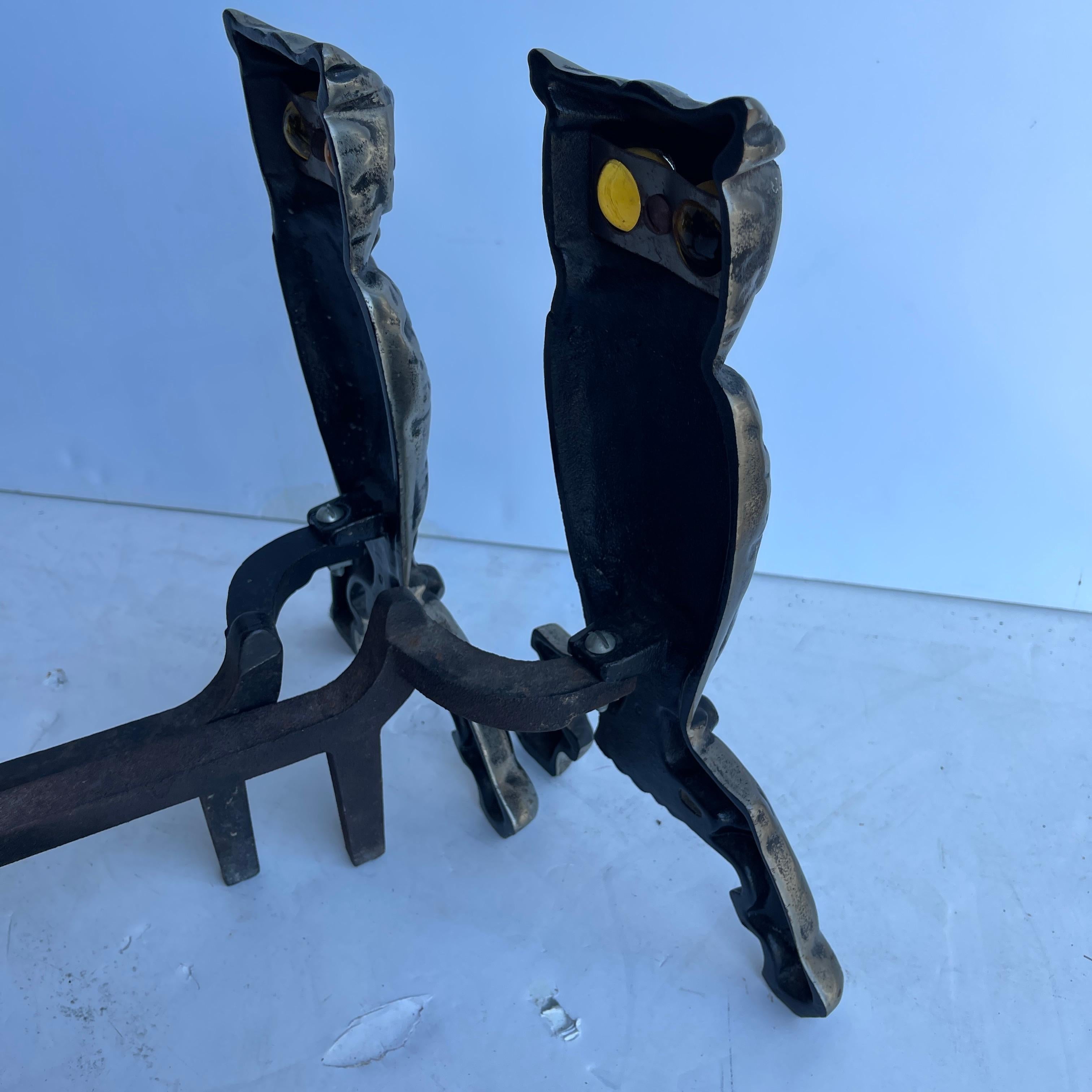 Pair of Cast Iron Owl Fireplace Andirons with Glass Eyes 2