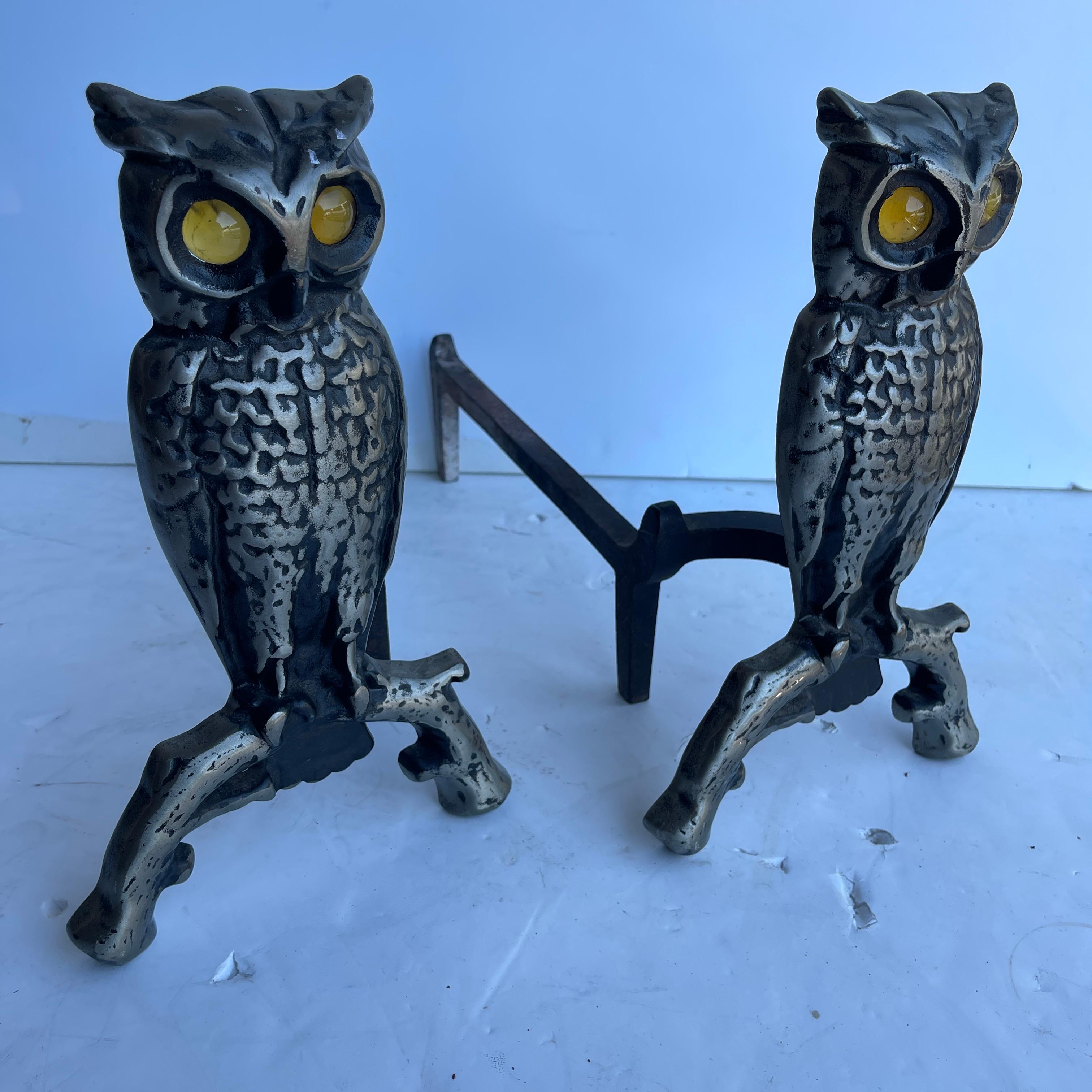 Cast Iron Owl Fireplace Andirons with Amber Glass Eyes, Early 20th Century, American 

Pair of early 20th Century cast iron owl andirons. Owls are perched on arched branch uprights fitted to billet bars. The glass amber eyes, which glow when