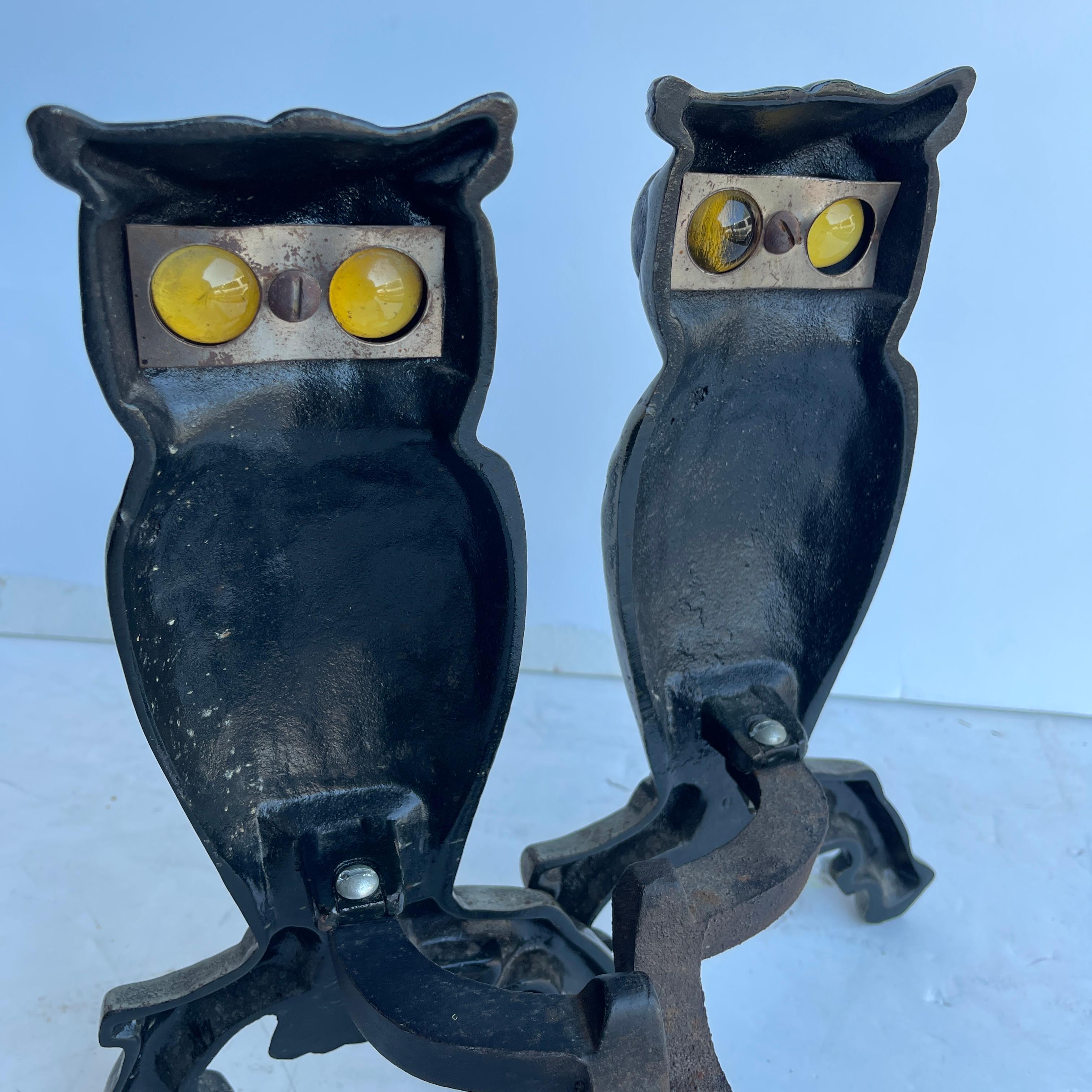 American Craftsman Pair of Cast Iron Owl Fireplace Andirons with Glass Eyes