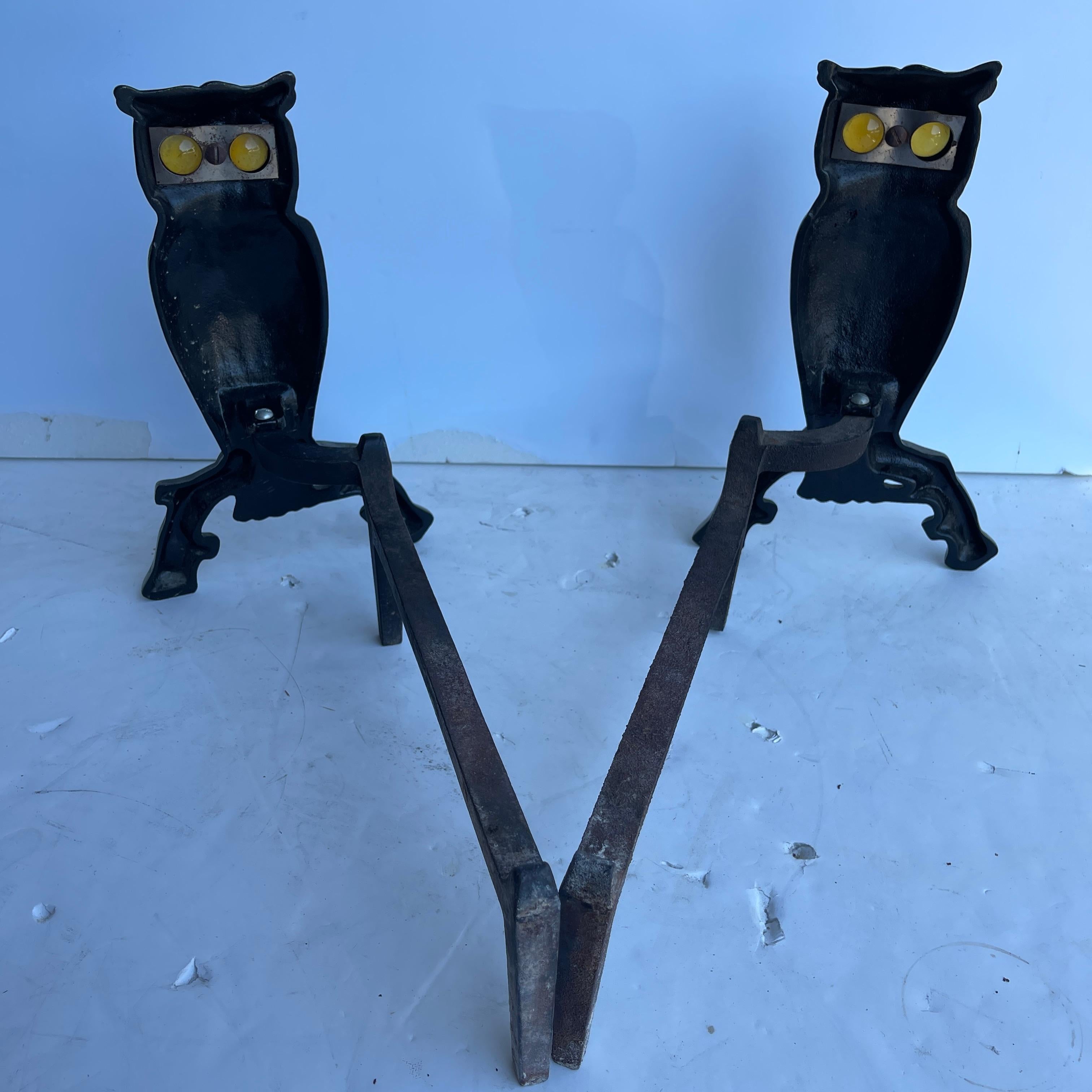 American Pair of Cast Iron Owl Fireplace Andirons with Glass Eyes