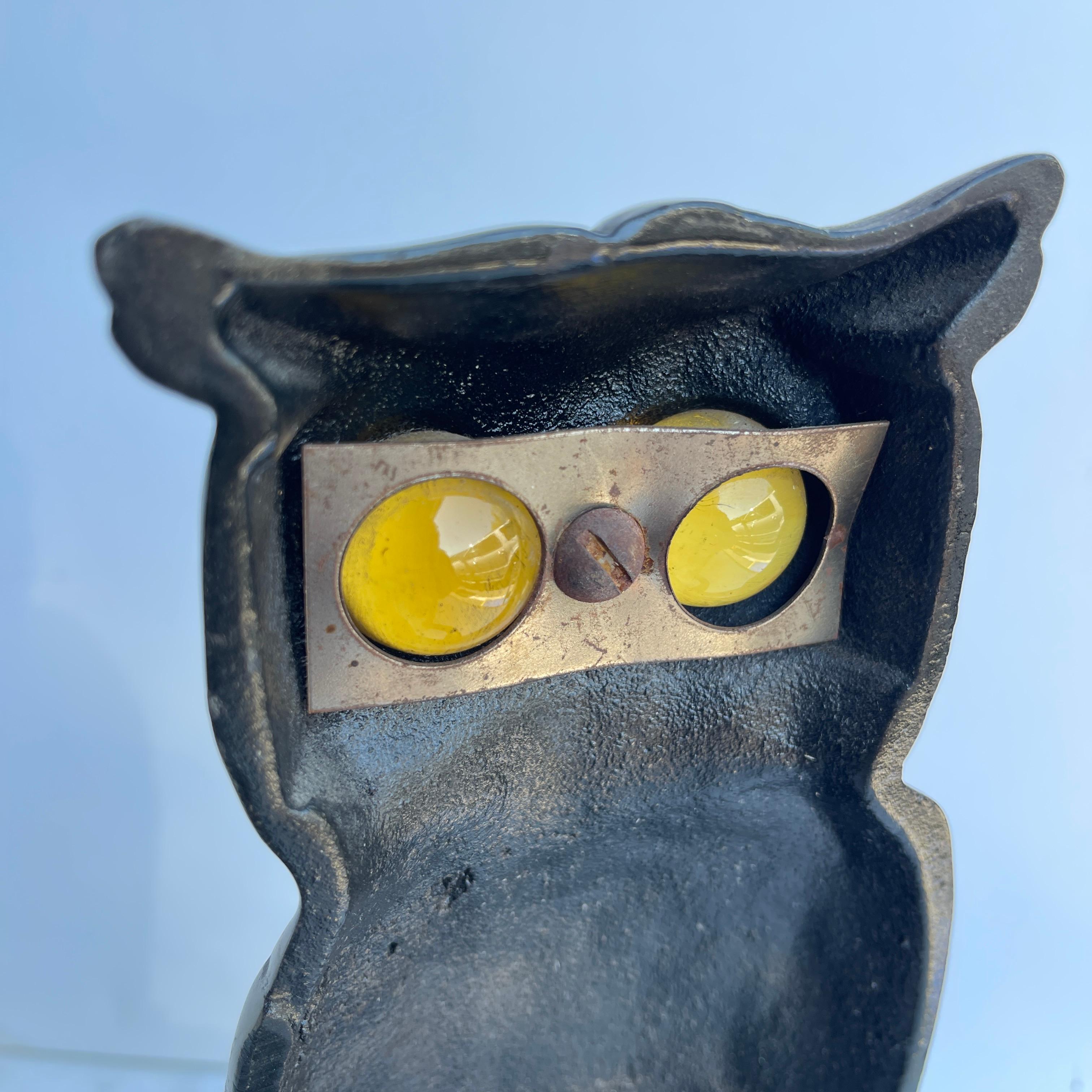 Pair of Cast Iron Owl Fireplace Andirons with Glass Eyes In Good Condition In Haddonfield, NJ