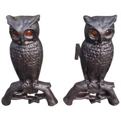 Pair of Cast Iron Perched Owl Andirons with Amber Glass Eyes, Boston, Circa 1890