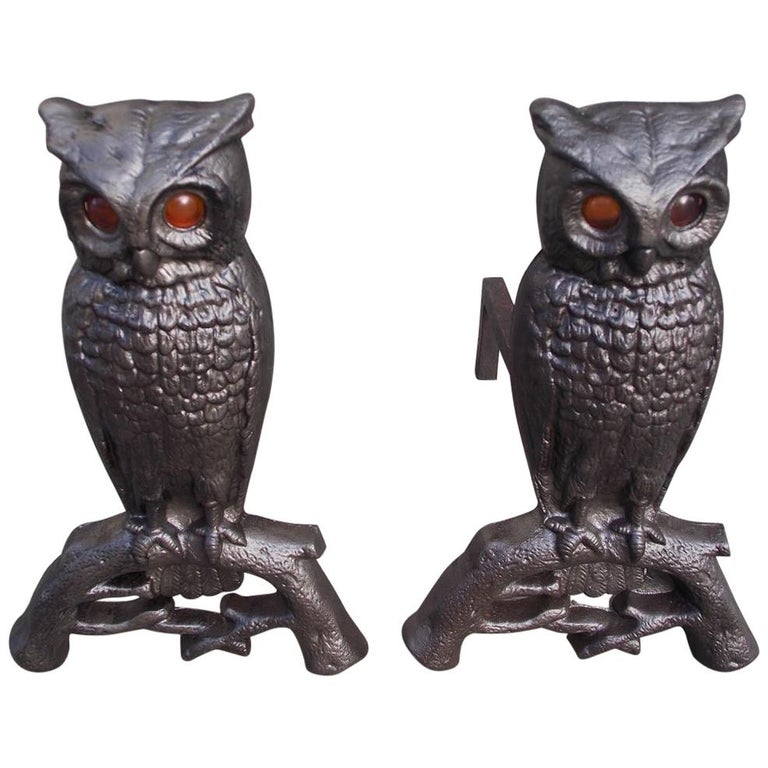 Pair of Cast Iron Perched Owl Andirons with Amber Glass Eyes, Boston