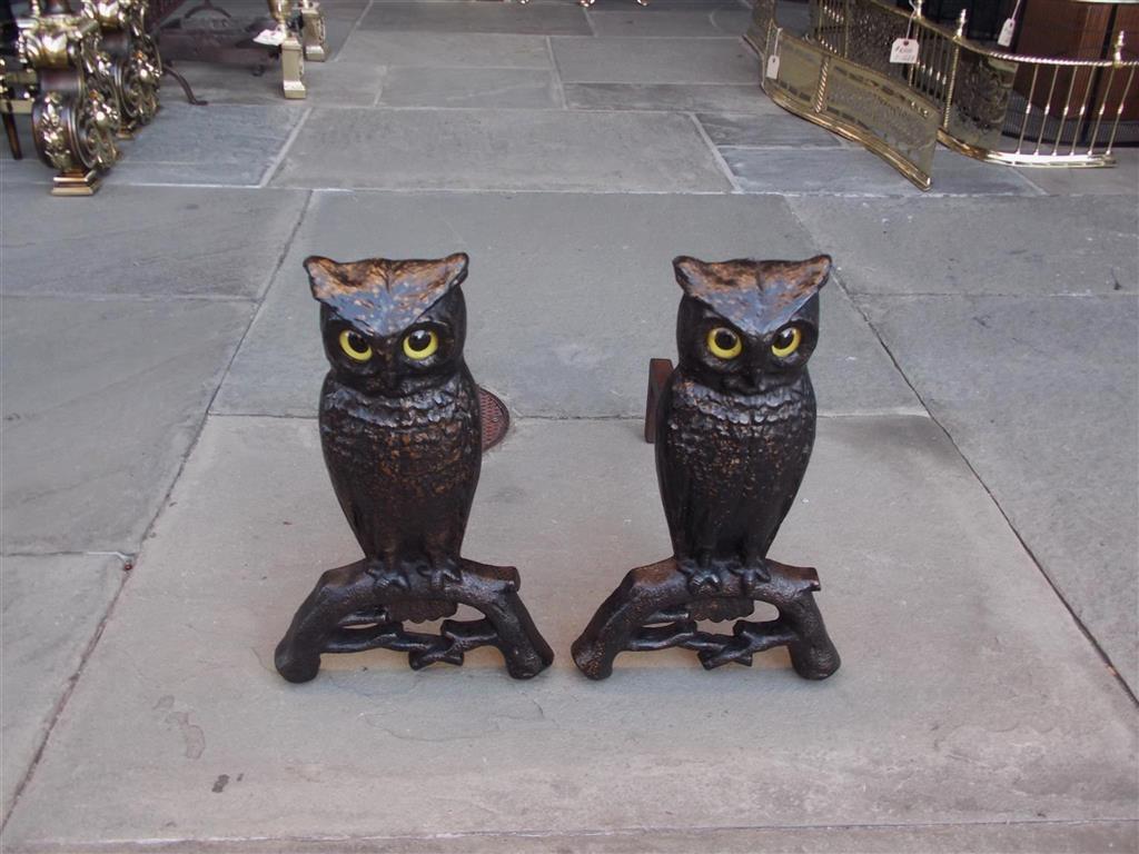 Pair of American cast iron owl andirons with the original glass eyes perched on tree limbs and branches. Boston, late 19th century. Dog legs depth can be adjusted if desired.