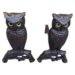 Used Pair of Cast Iron Perched Owl Andirons with Original Glass Eyes, Boston, C. 1890