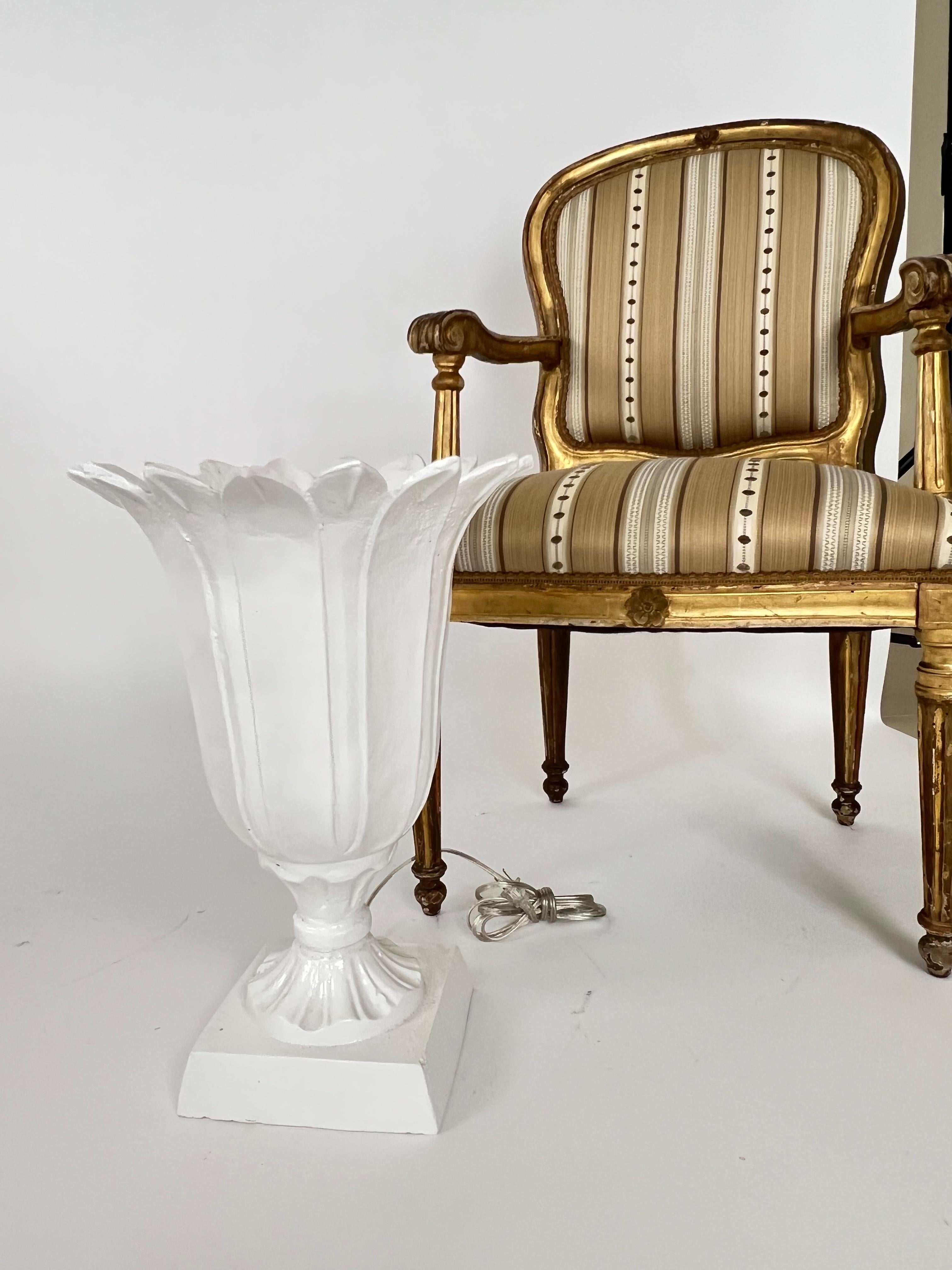 Painted Pair of Hollywood Regency Style Cast Iron Petal Urn Torchiere Lamps For Sale