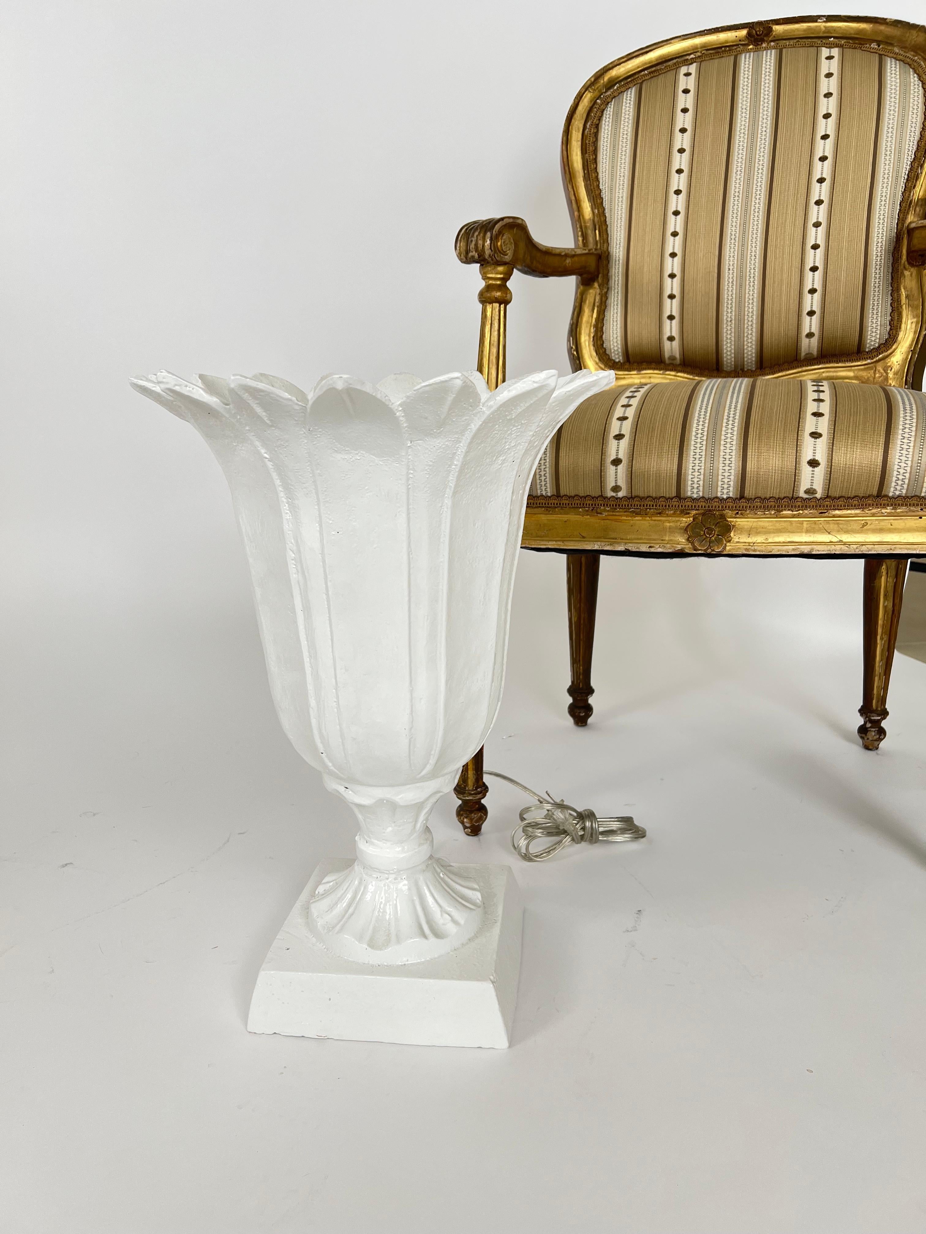 Pair of Hollywood Regency Style Cast Iron Petal Urn Torchiere Lamps In Good Condition For Sale In Dallas, TX