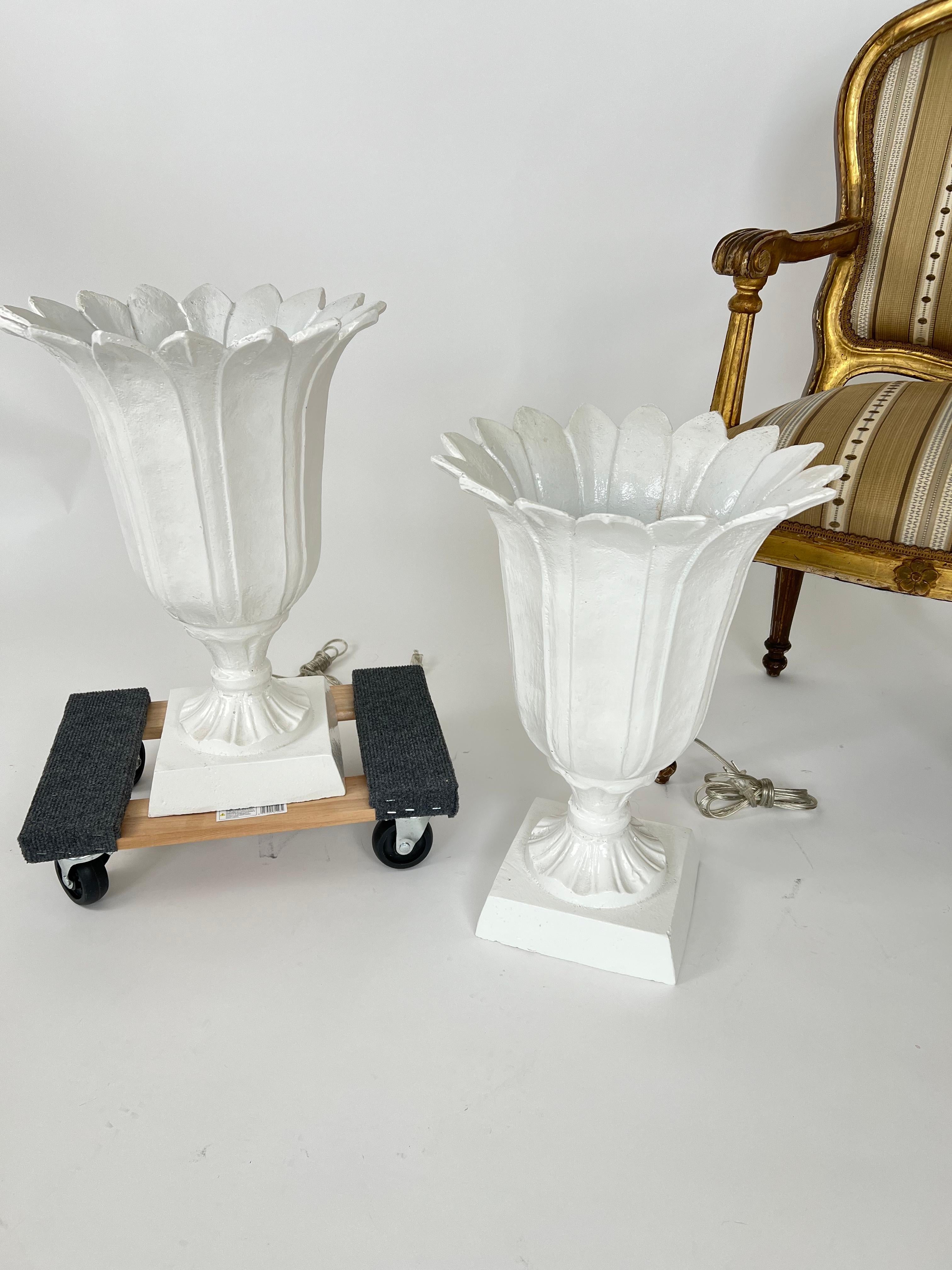 20th Century Pair of Hollywood Regency Style Cast Iron Petal Urn Torchiere Lamps For Sale