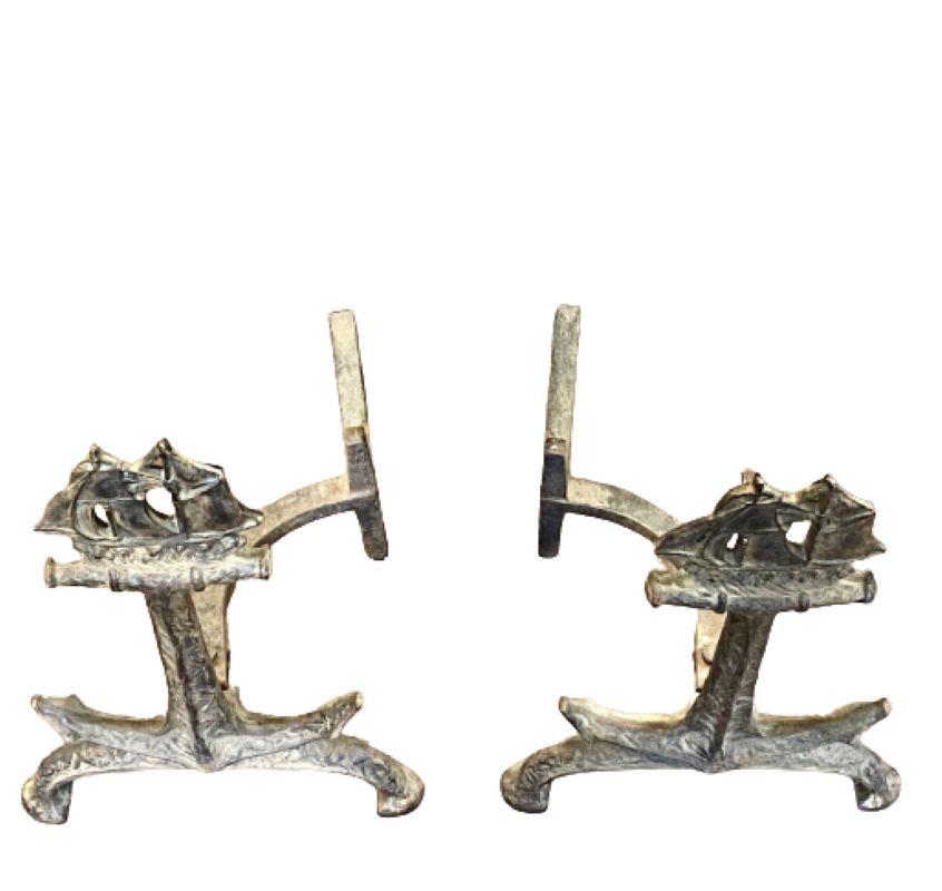 American Pair of Cast Iron Ship and Anchor Andirons, circa 1920 For Sale
