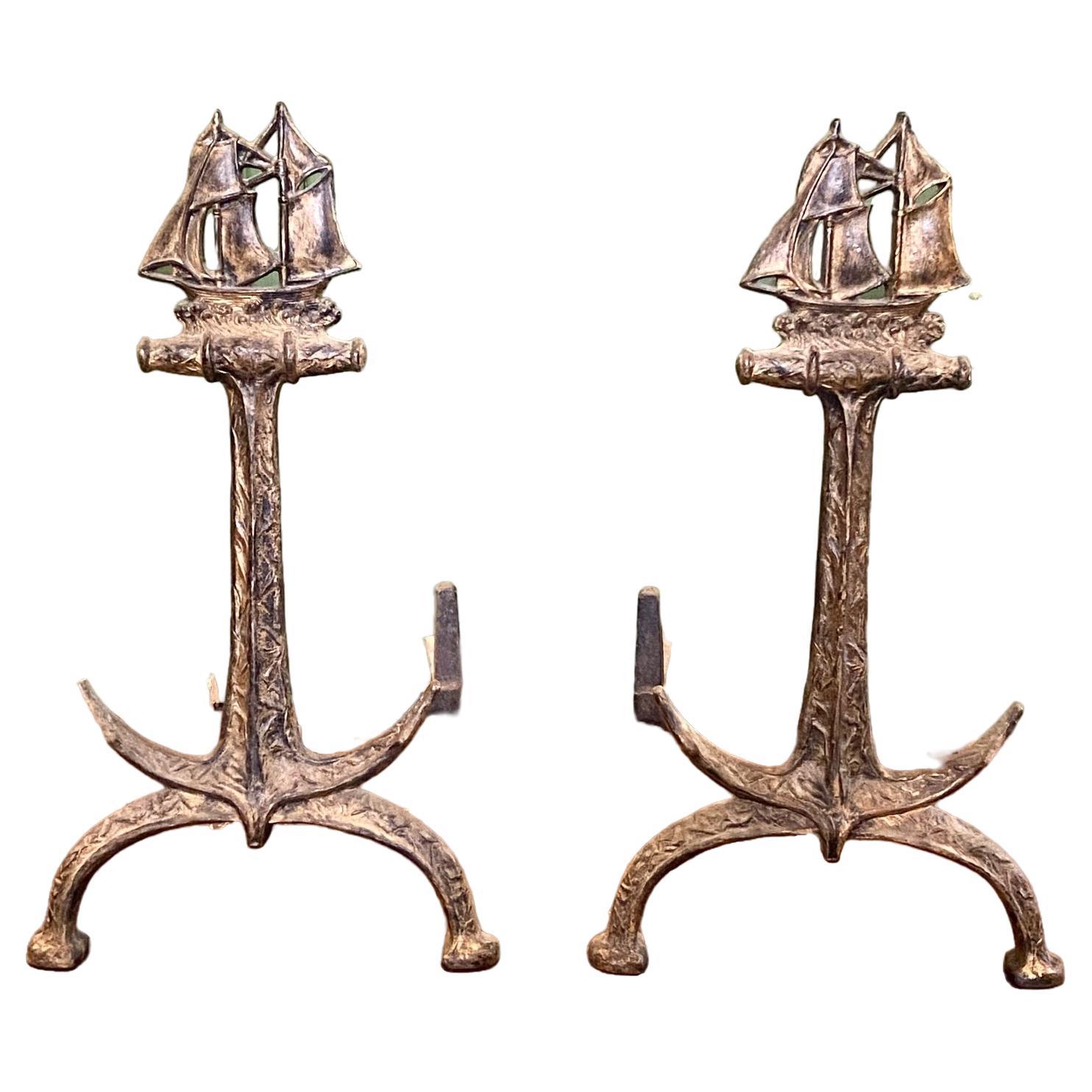 Pair of Cast Iron Ship and Anchor Andirons, circa 1920 For Sale