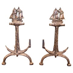 Vintage Pair of Cast Iron Ship and Anchor Andirons, circa 1920